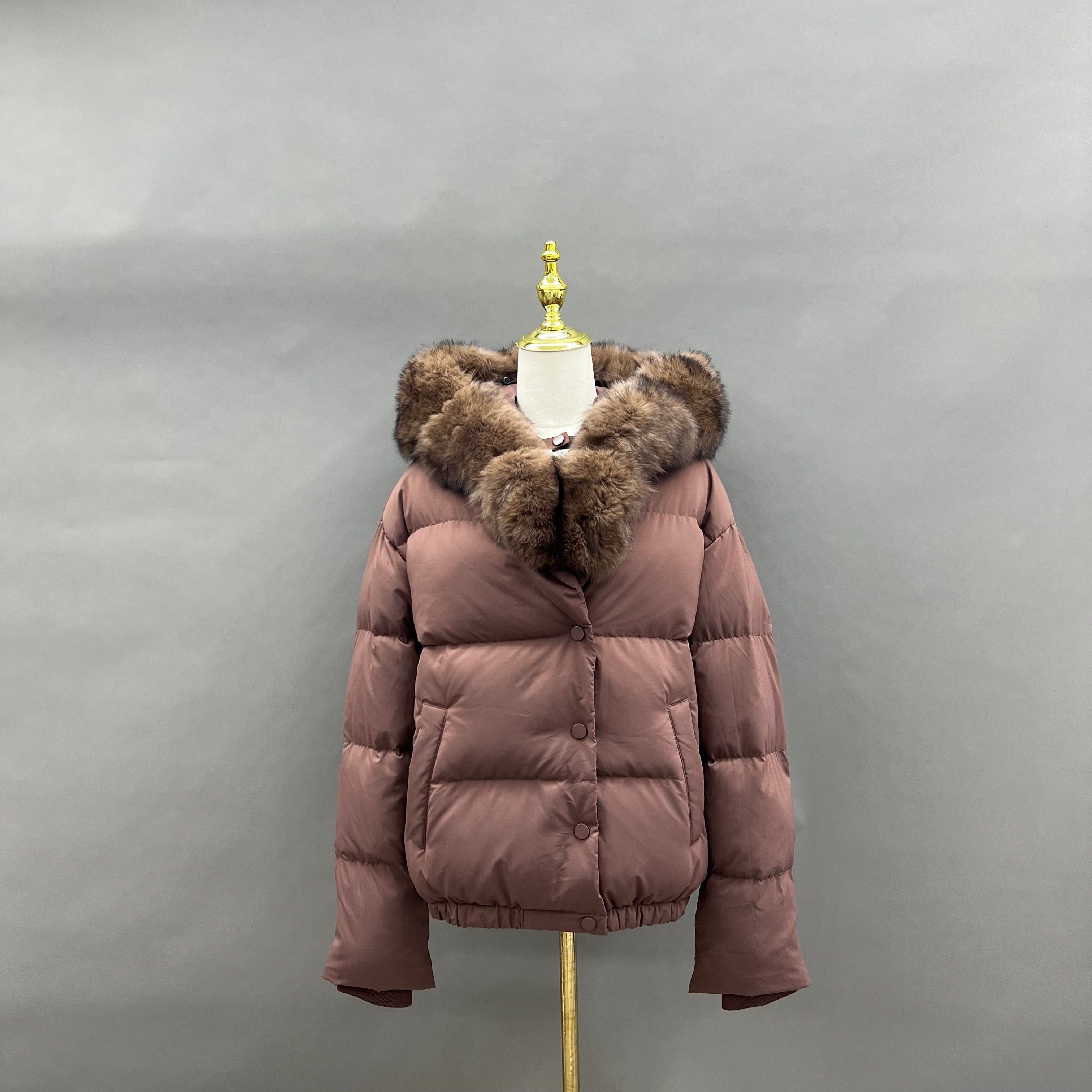 Women’s Brown Down Jacket with Real Fox Fur Hood – Short Puffer Winter Coat for Elegant Fashion