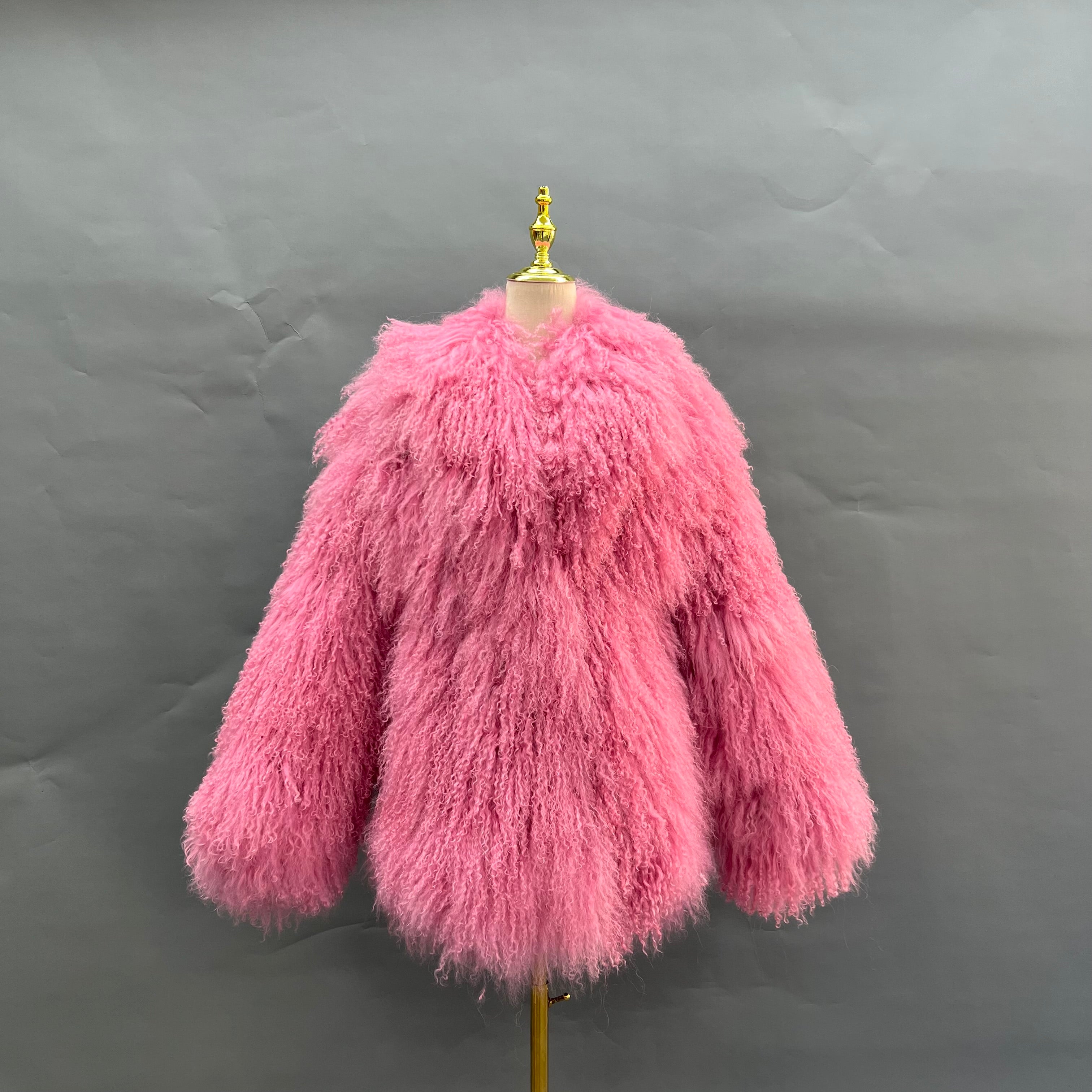 Janefur Lamb fur Collar Shearling Mid-length Coat 11#Pink