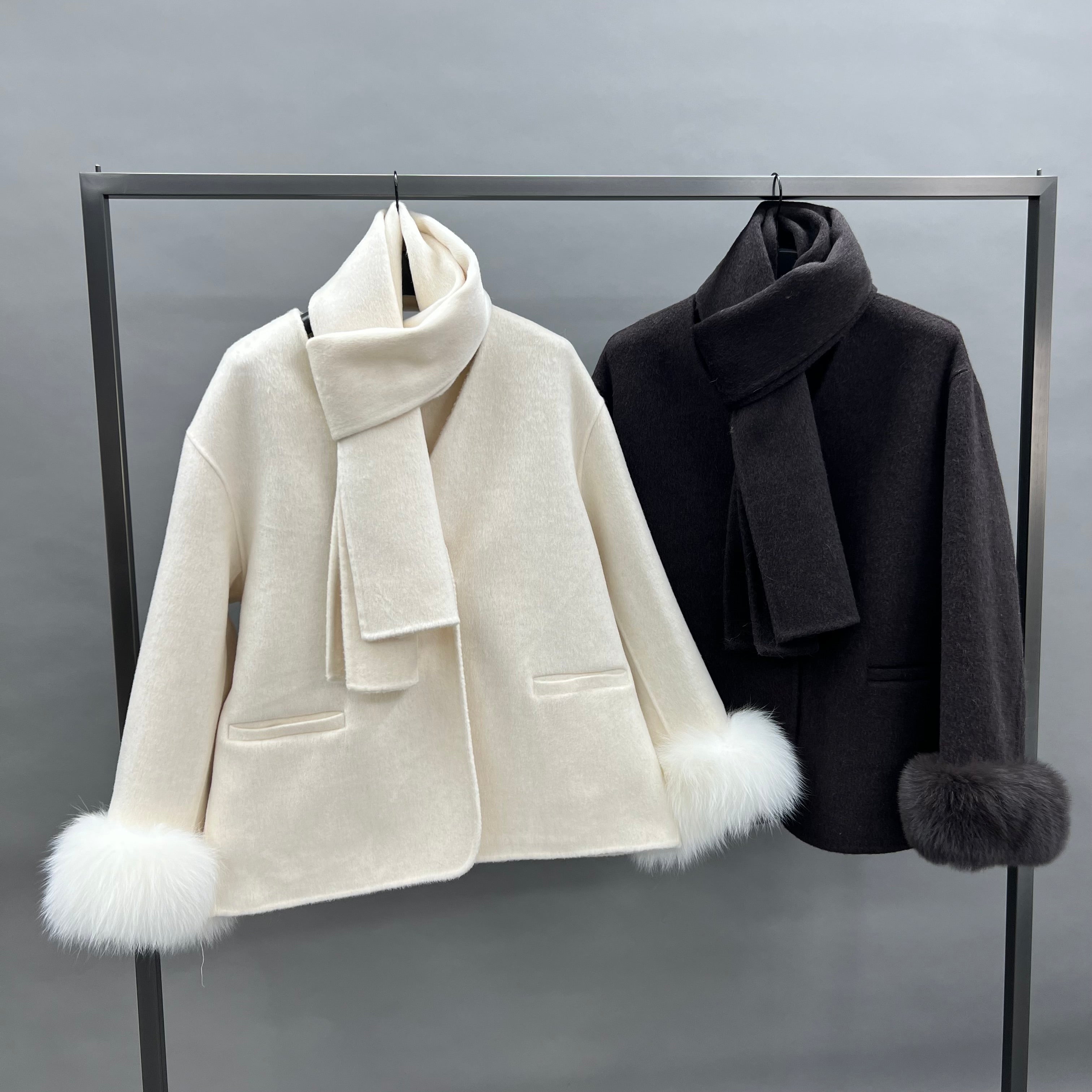 New Women’s Double-Faced Wool Coat with Scarf and Real Fox Fur Cuffs – Short Winter Jacket - Janefur