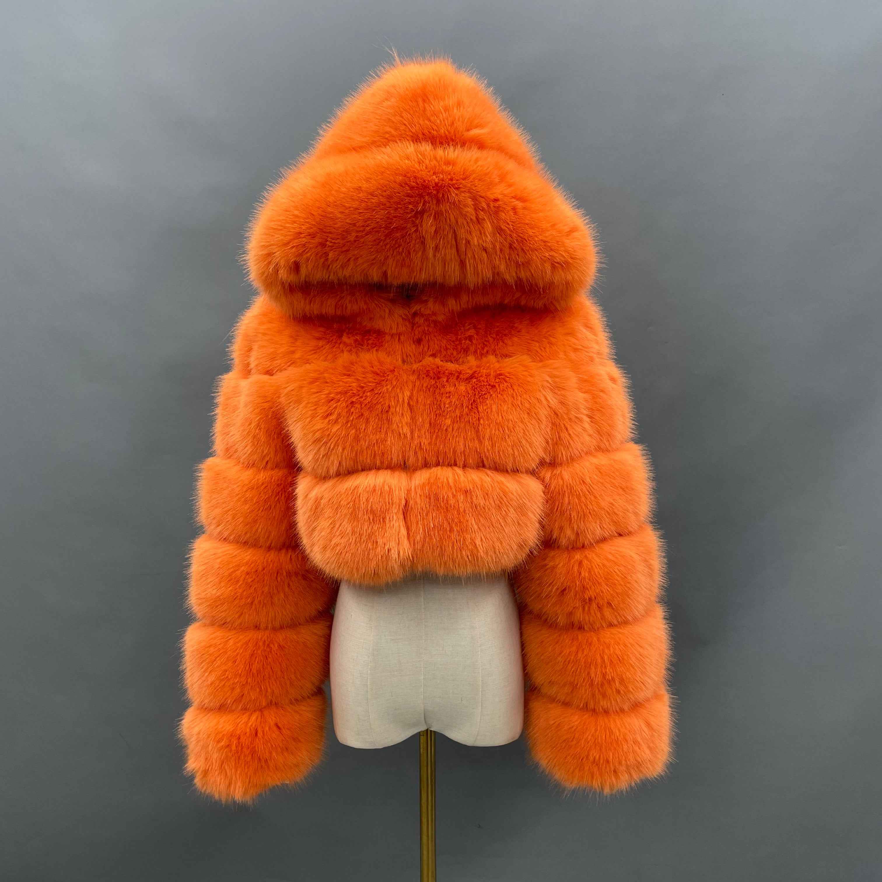 Three - Panel Faux Fur Cropped Hooded Coat