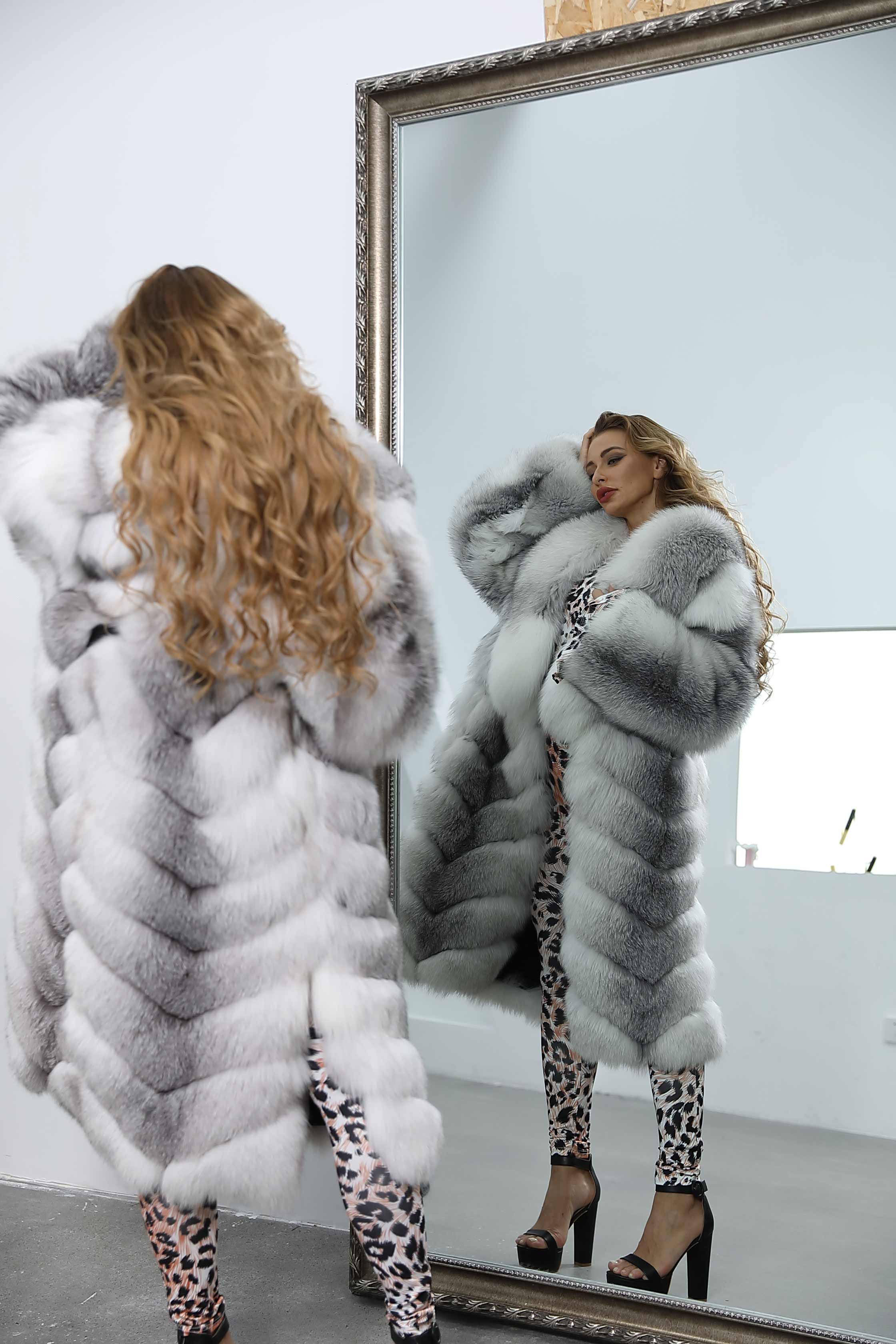 Fashion High-Quality Wholesale Custom Fox Fur Coat Luxury Large Lapel Diagonal Stripe Loose Coat - Janefur