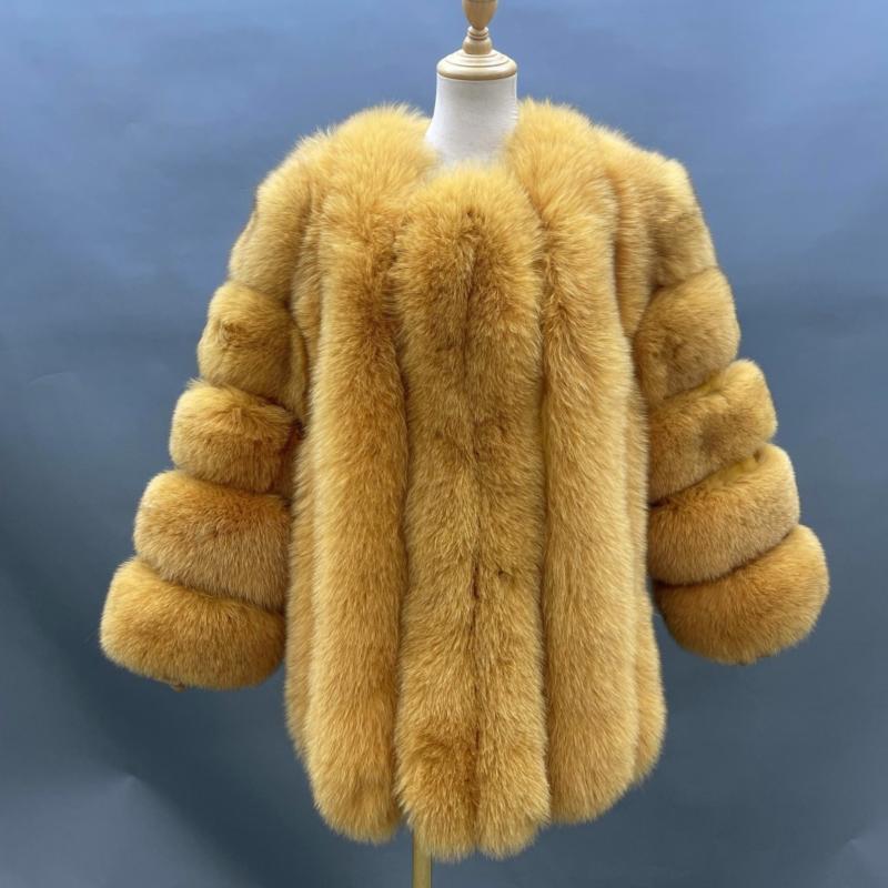 Fashion Women's Long Fox Fur Coat Vertical Stripes Solid Color - Janefur