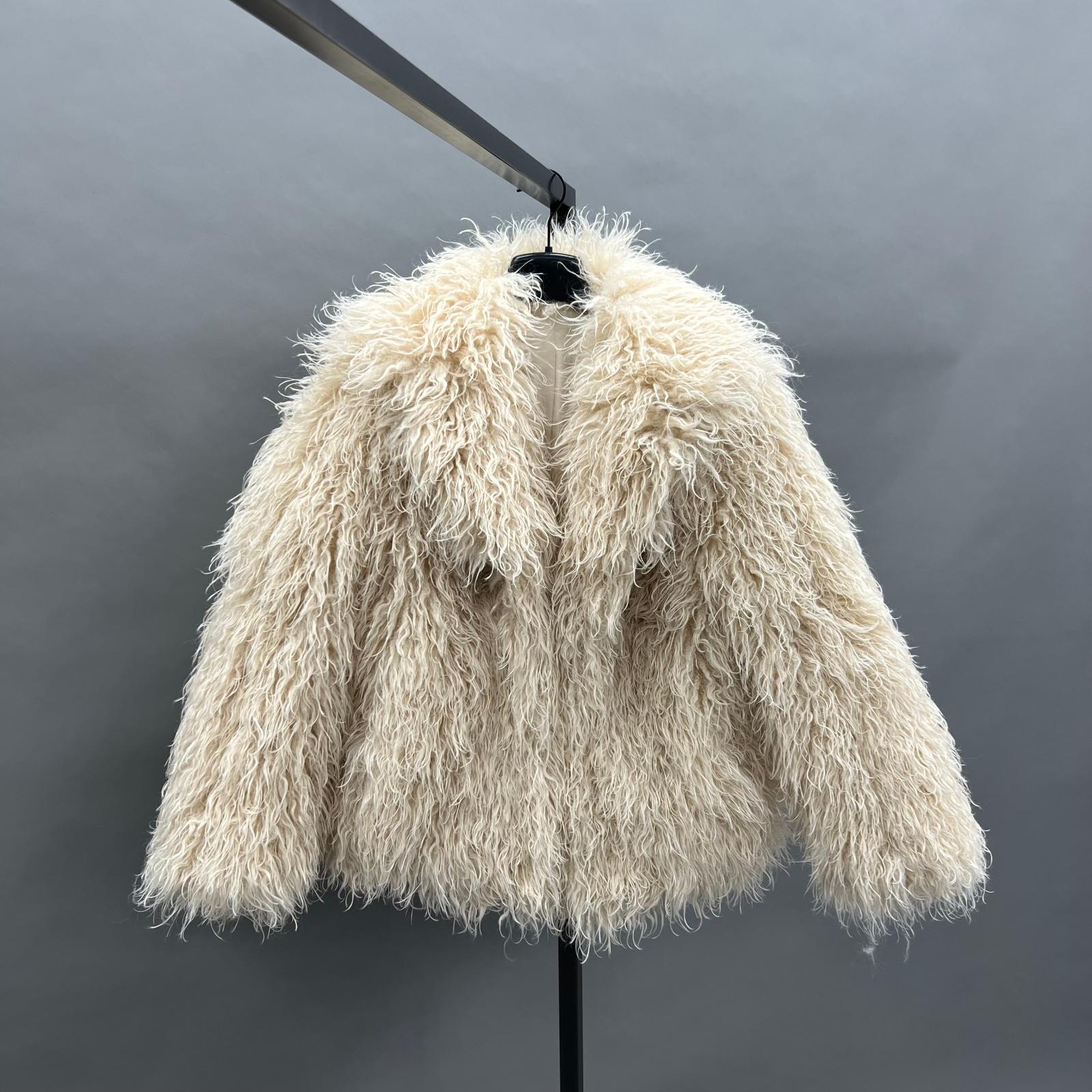 Faux Mongolian Lamb Wool Coat Eco Friendly Mongolian Lamb Wool Women's Elegant Notched Collar Short Coat Jacket - Janefur