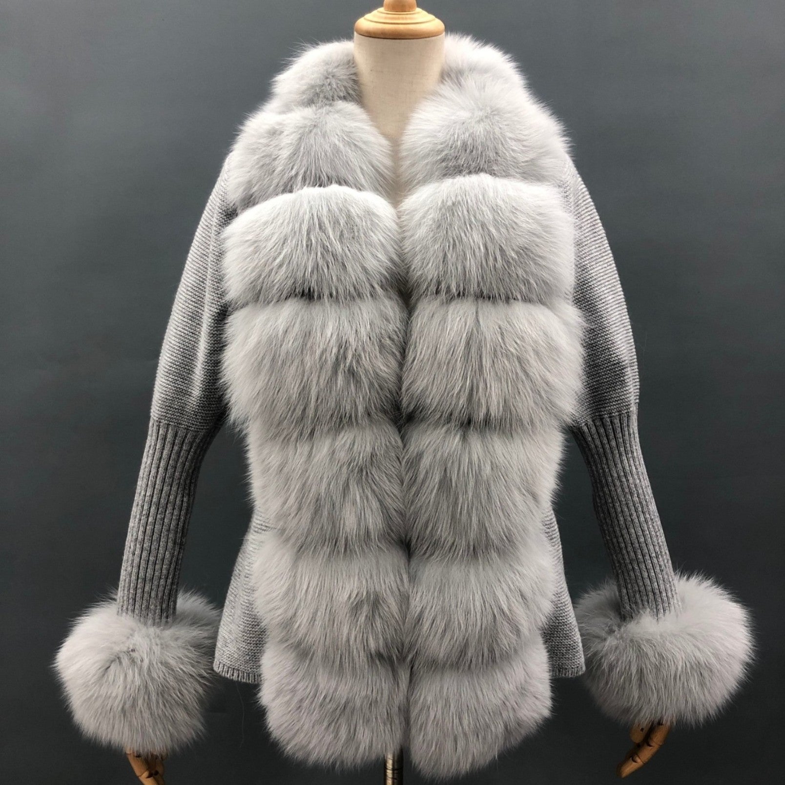 Women's Fashion Cuff Lapel with Fox Fur Knit Cardigan - Janefur