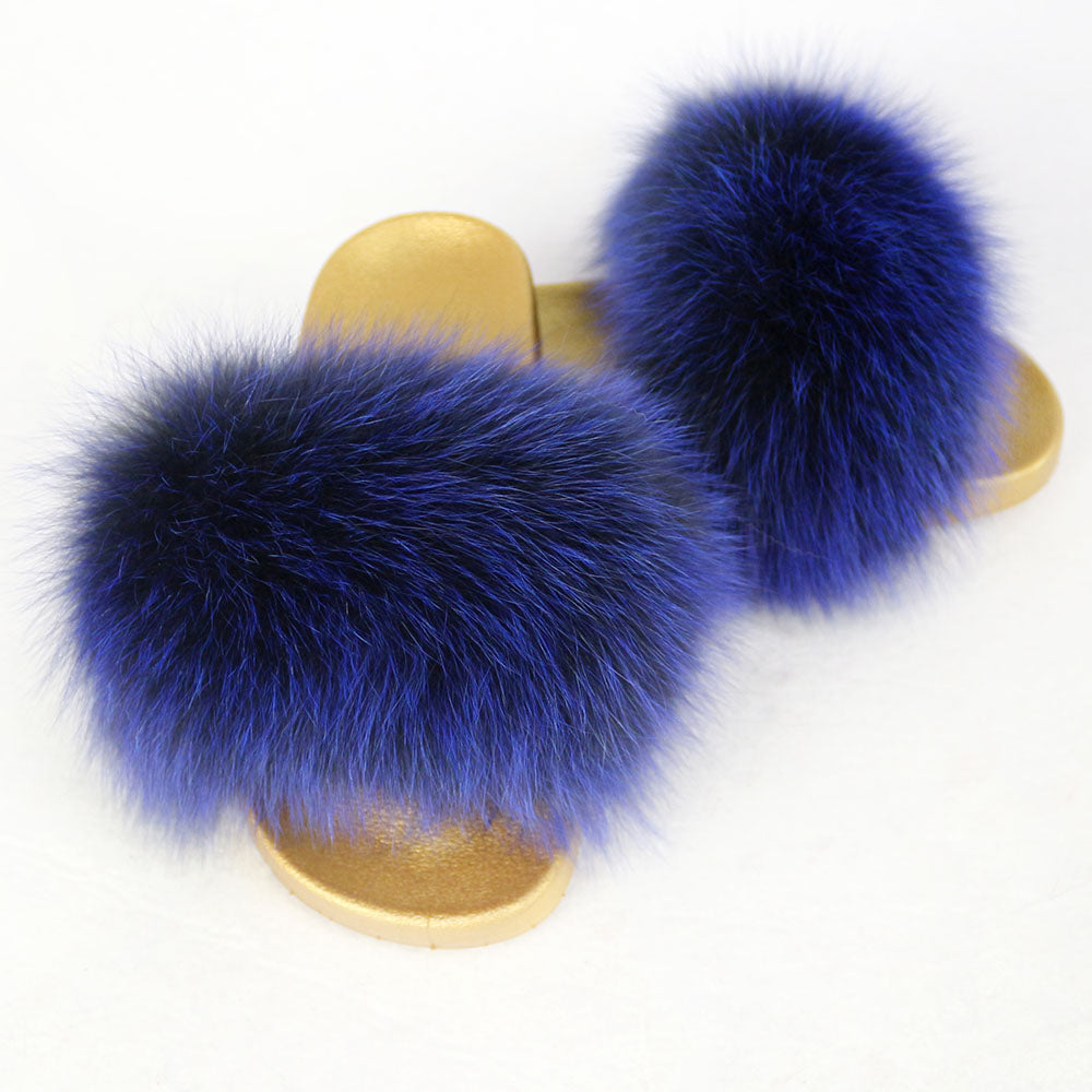 Janefur Wholesale Women's Fashion Slippers With Real Fox Fur Trim (Black, Gold, Silver Soles)