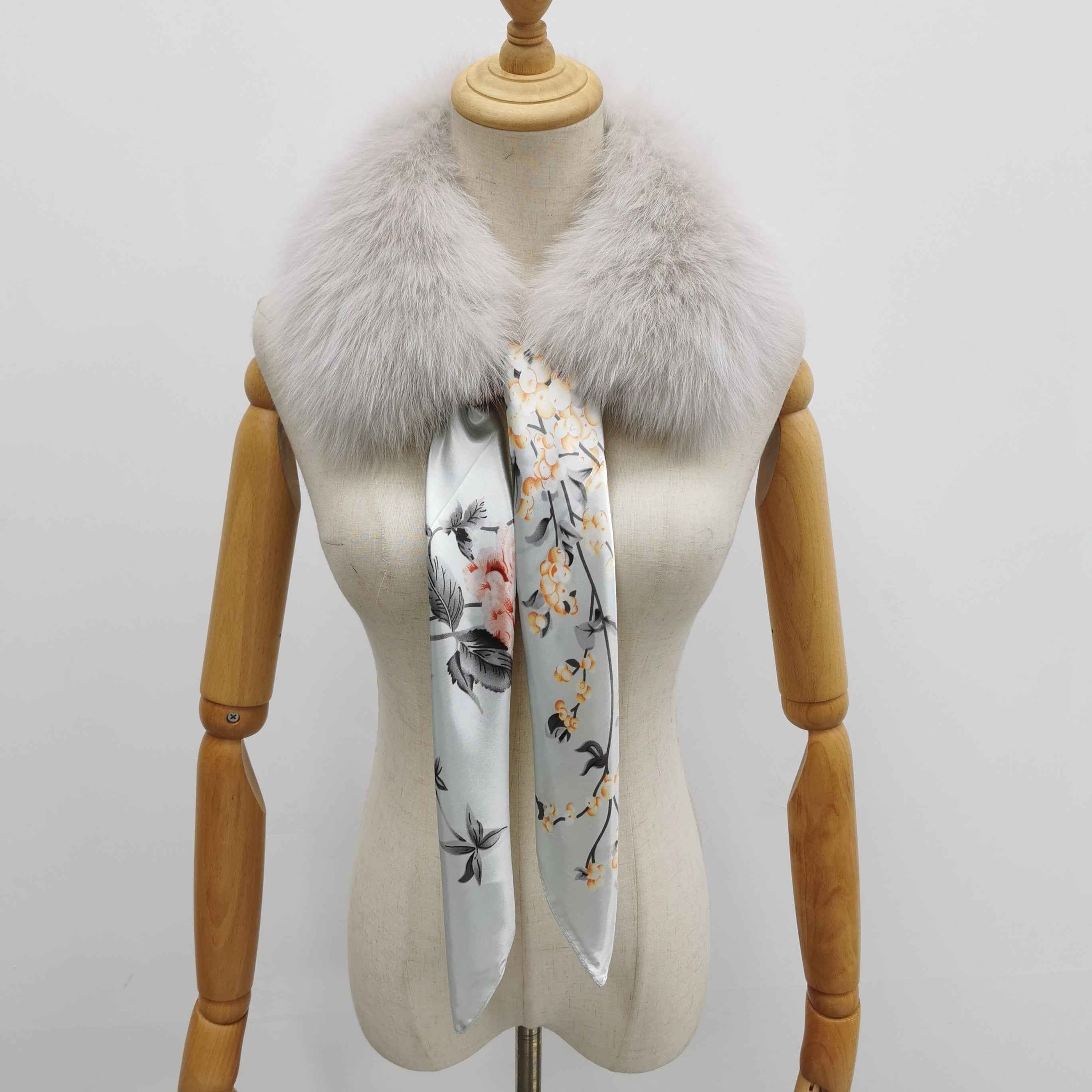 Women's Luxurious Fox Fur Small Square Collar with Printed Silk Scarf - Fashion Accessory 12#Grey F