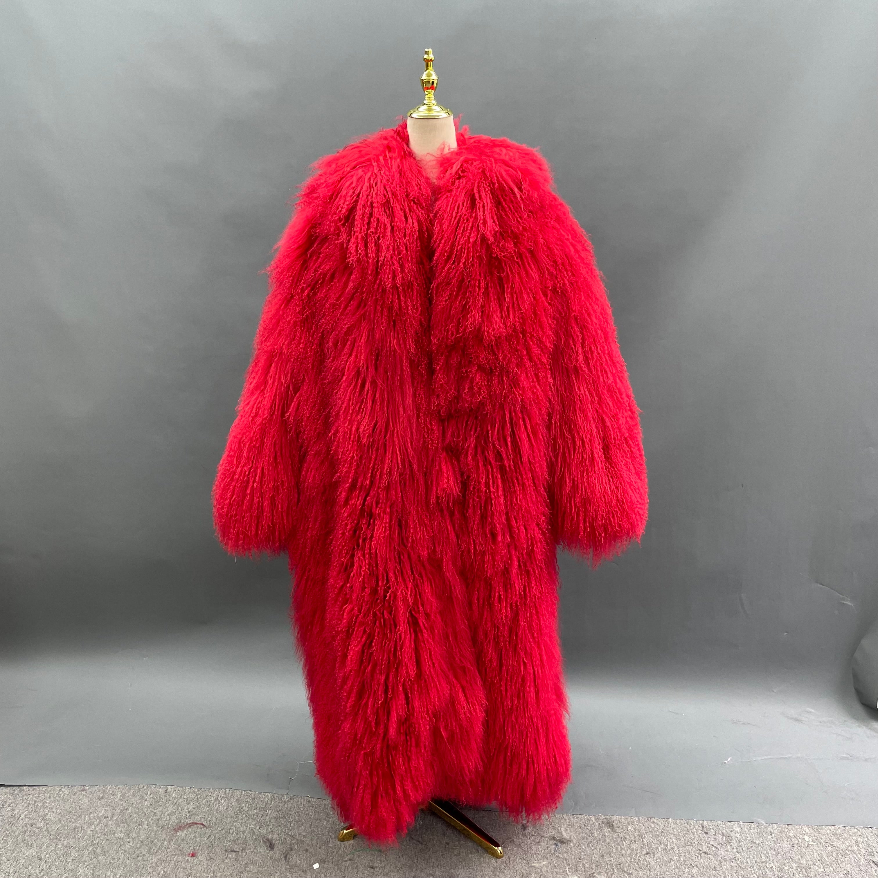 Men's Long Emerald Green Mongolian Lamb Fur Coat – Notch Lapel, Full-Length Winter Outerwear, Luxury Curly Hair Jacket for Men 15#Red