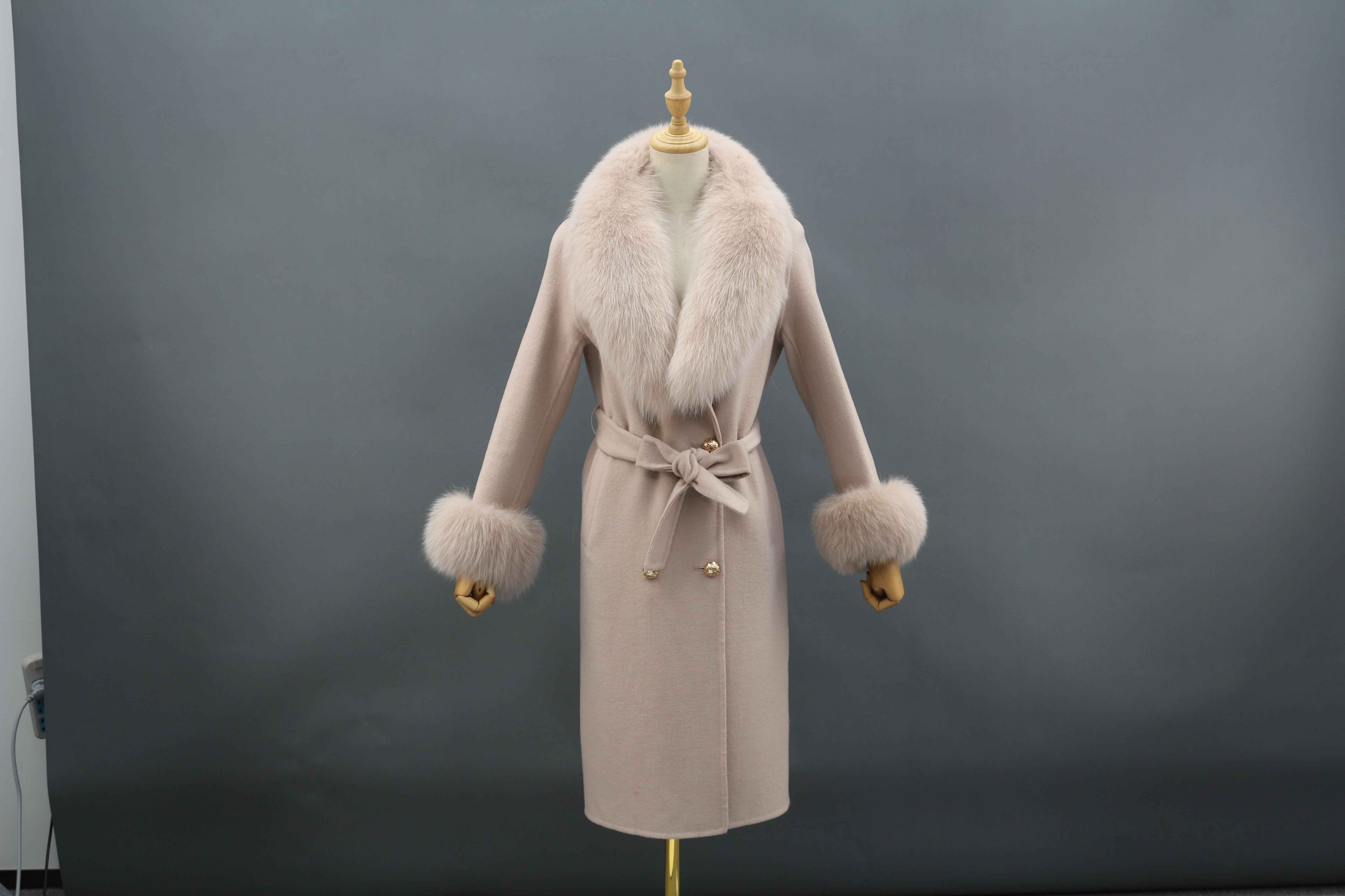Luxurious Double - Faced Wool Long Coat with Large Fox Fur Collar, Fur Cuffs and Tie Waist