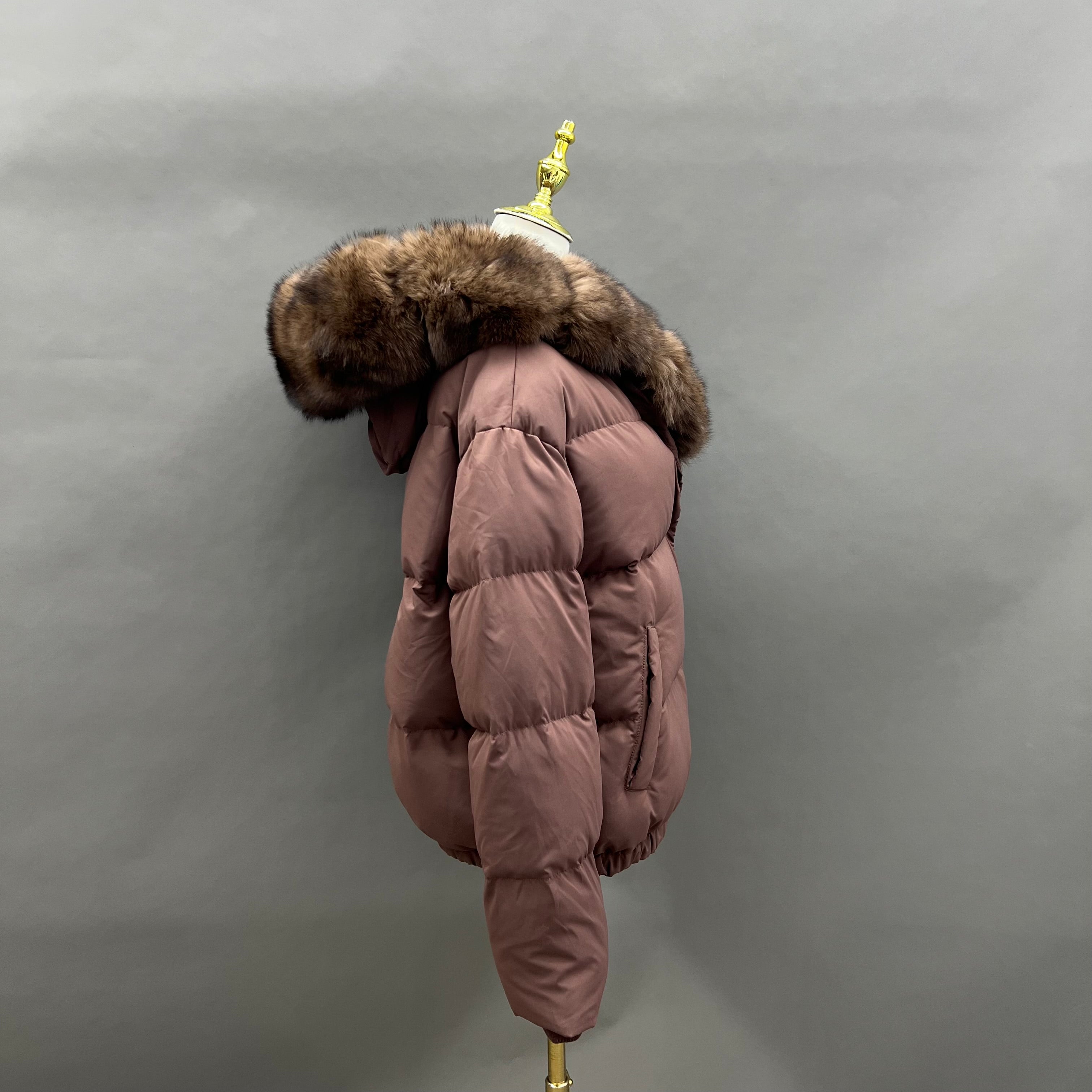 Women’s Brown Down Jacket with Real Fox Fur Hood – Short Puffer Winter Coat for Elegant Fashion