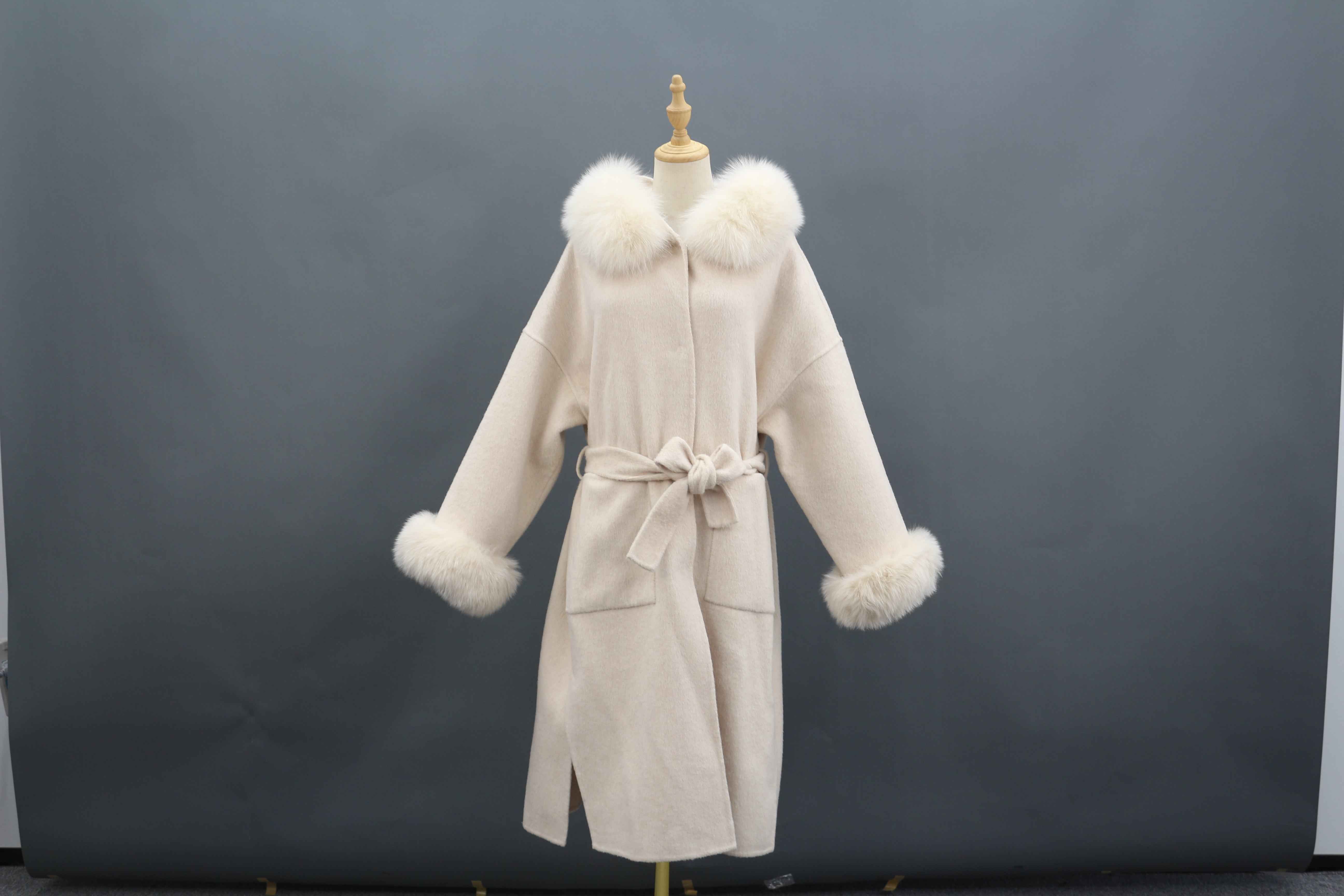 Women's Luxury Double - Faced Cashmere Coat with Fox Fur Collar, Cuffs and Hood, Belted Long Winter Outerwear
