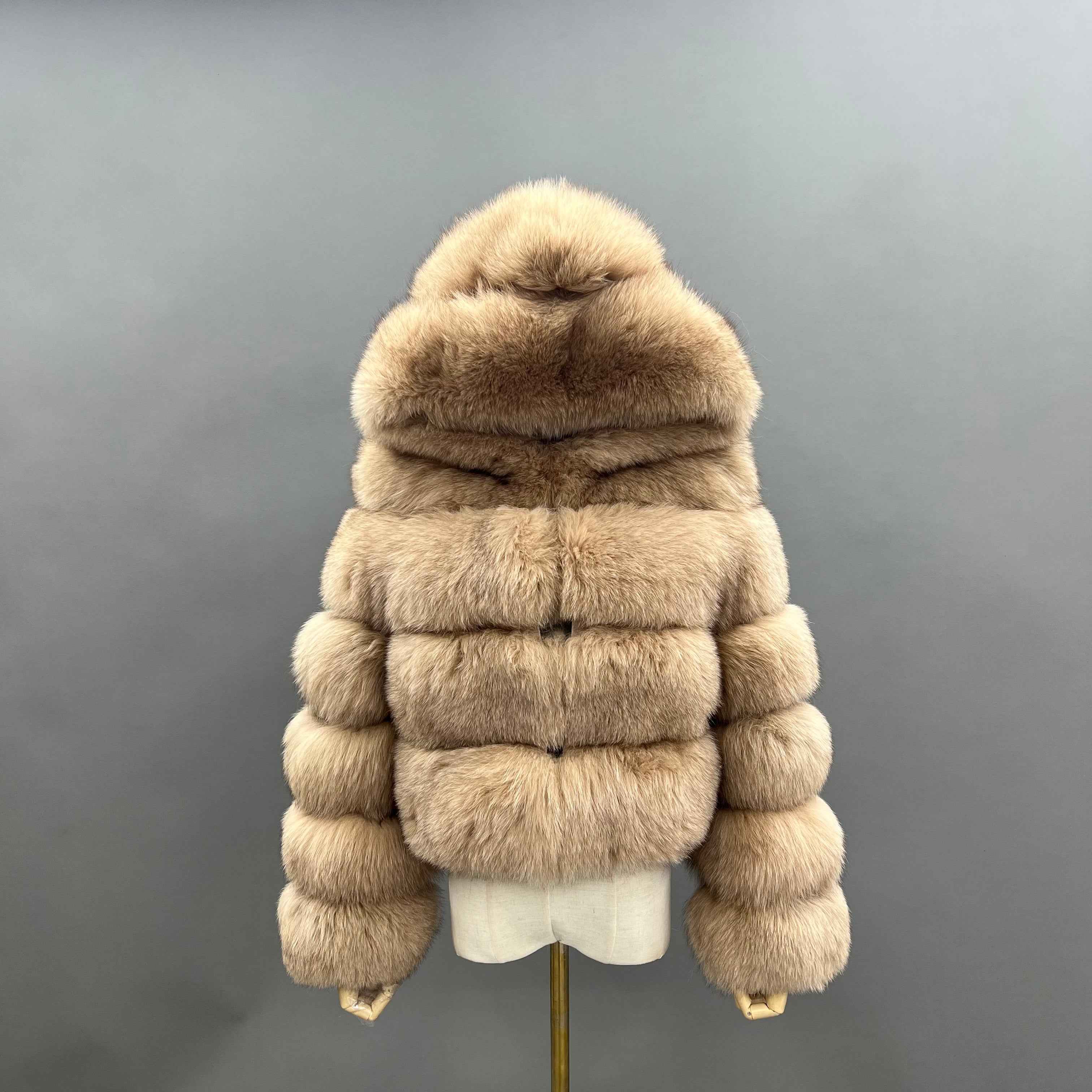 Women's Premium Fox Fur Hooded Short Coat - Layered Design Winter Fashion Warm Jacket Camle