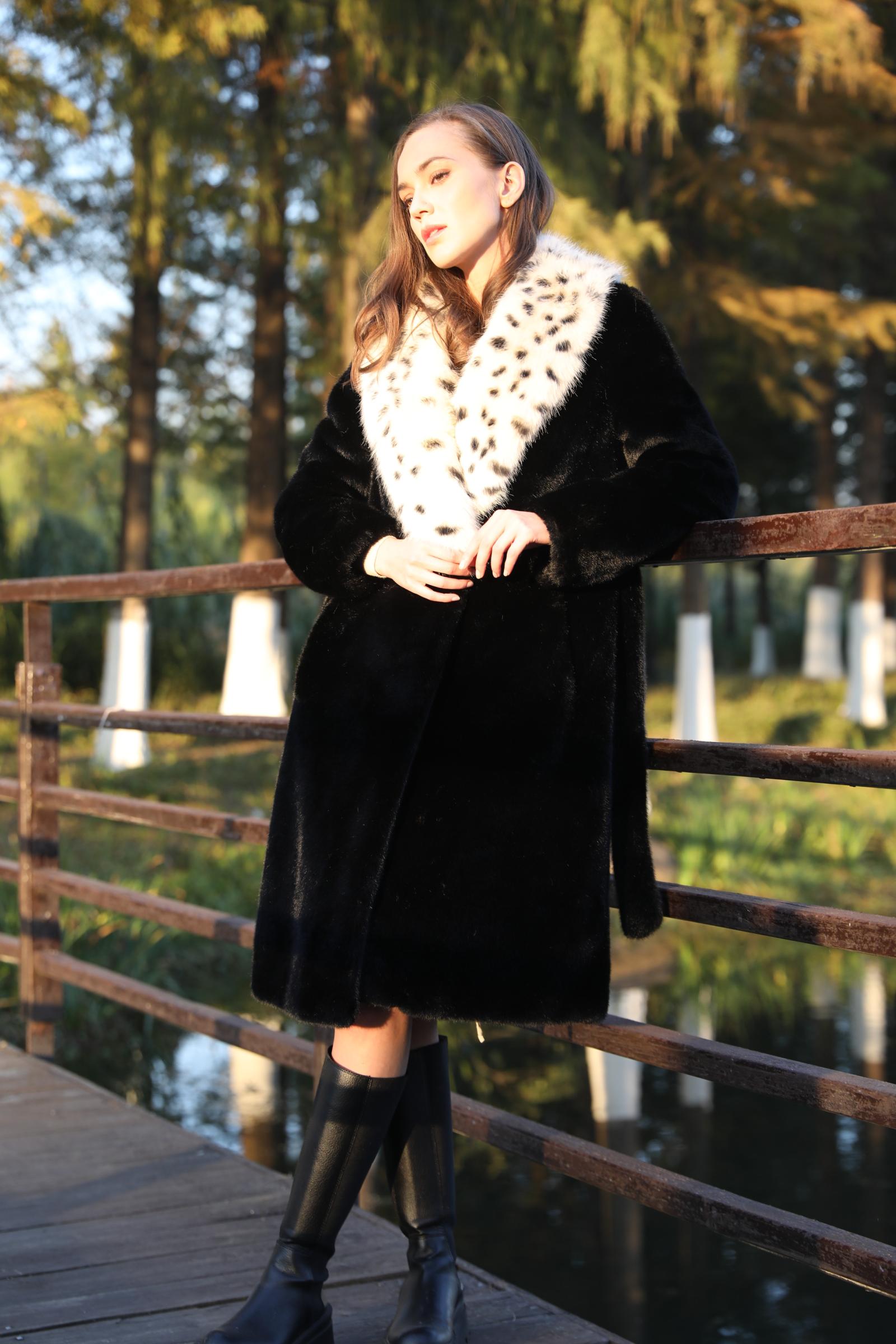 Women's Chic Leopard Print Large Lapel Faux Mink Eco-Friendly Fur Coat - Janefur