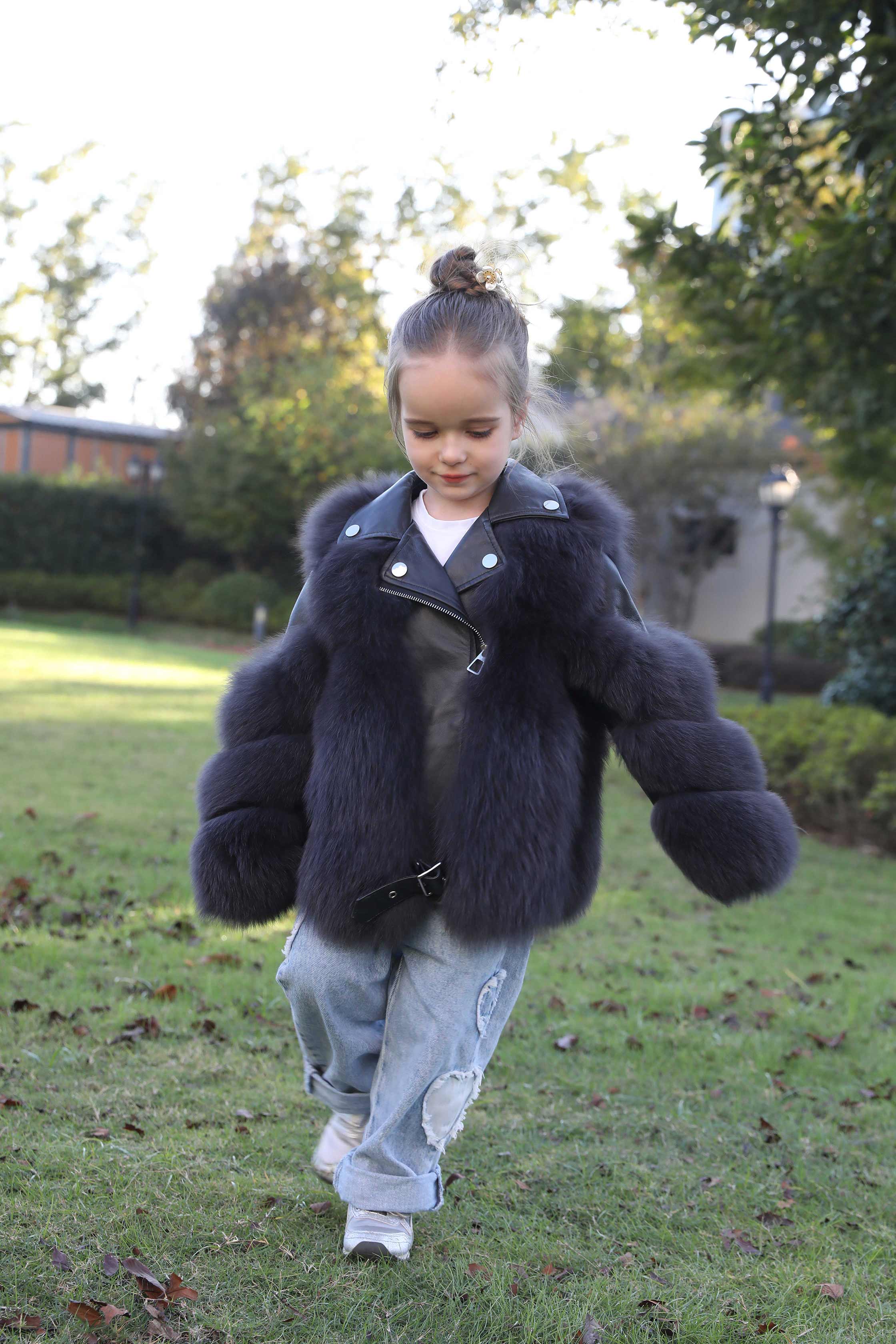 Children's Parent and Child Leather Collar Fox Fur Winter Coat - Janefur