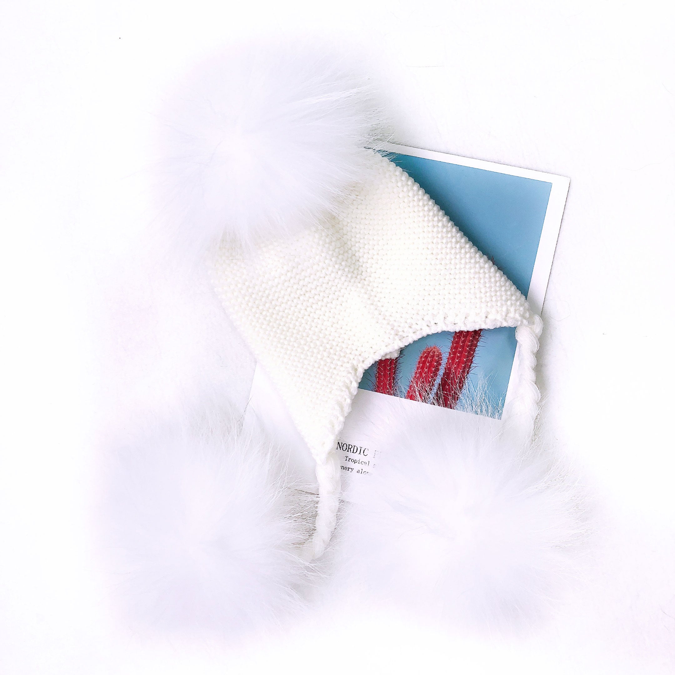 Children's Fashion Knitted Big Braid Raccoon Fur Pom Pom Hat - Janefur
