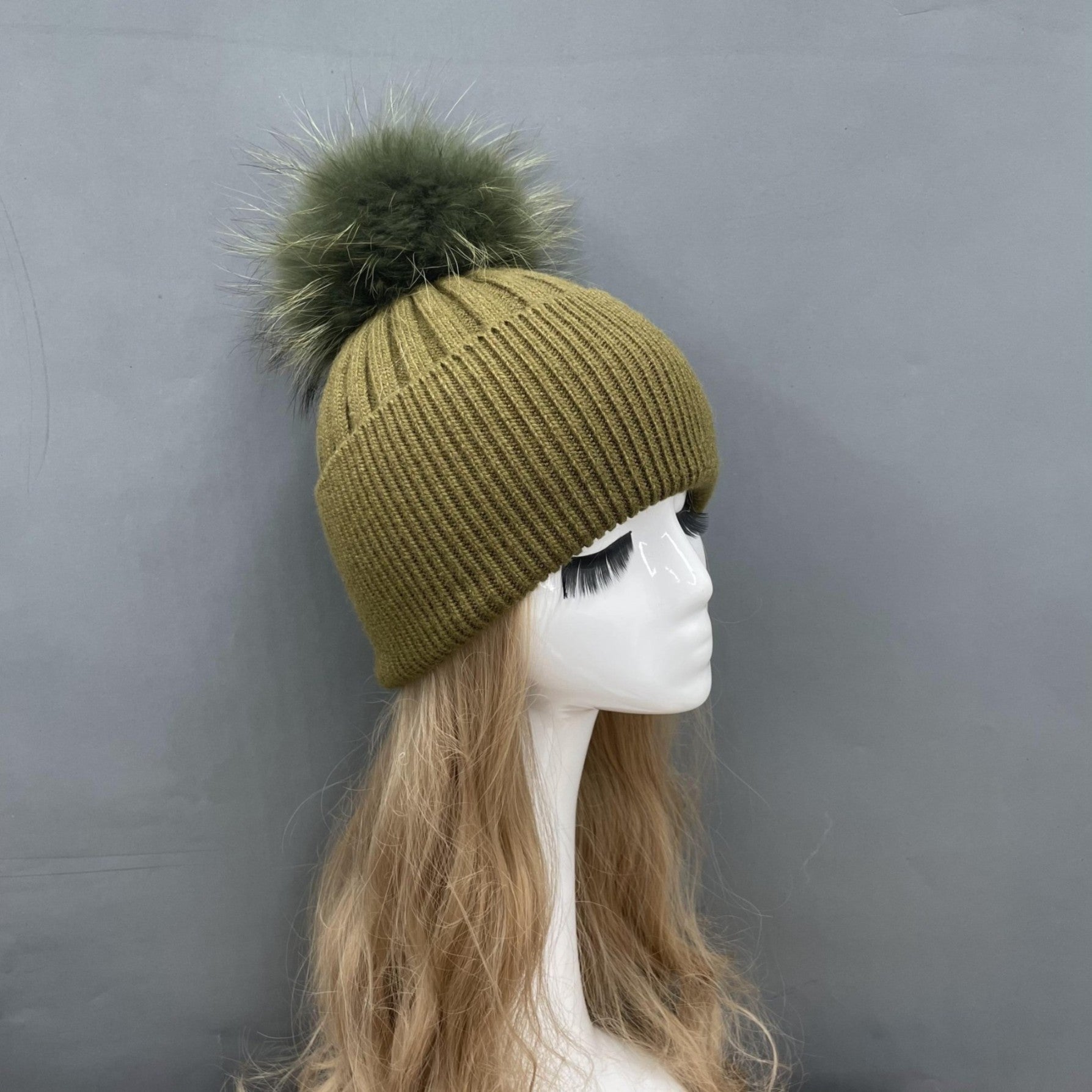 Winter Knitted Angora Beanie Hat With Removable Fur Pom Pom - Janefur
