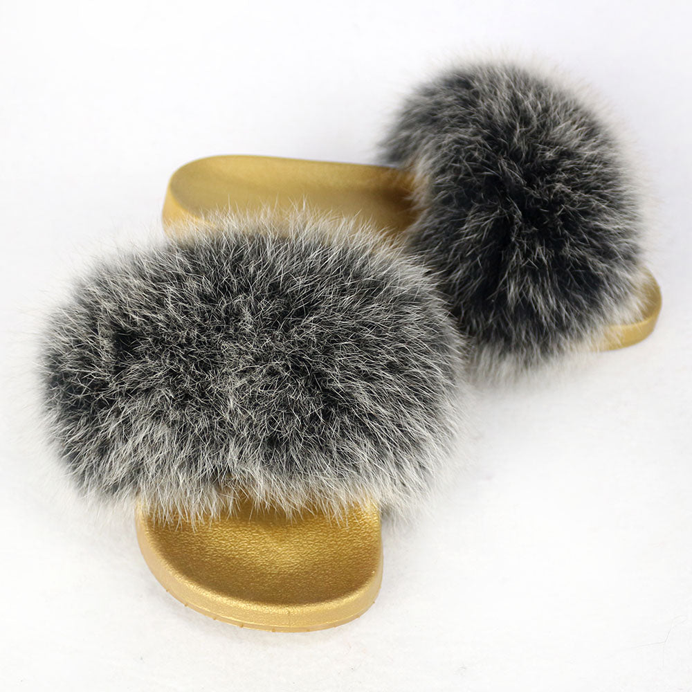 Janefur Wholesale Women's Fashion Slippers With Real Fox Fur Trim (Black, Gold, Silver Soles)