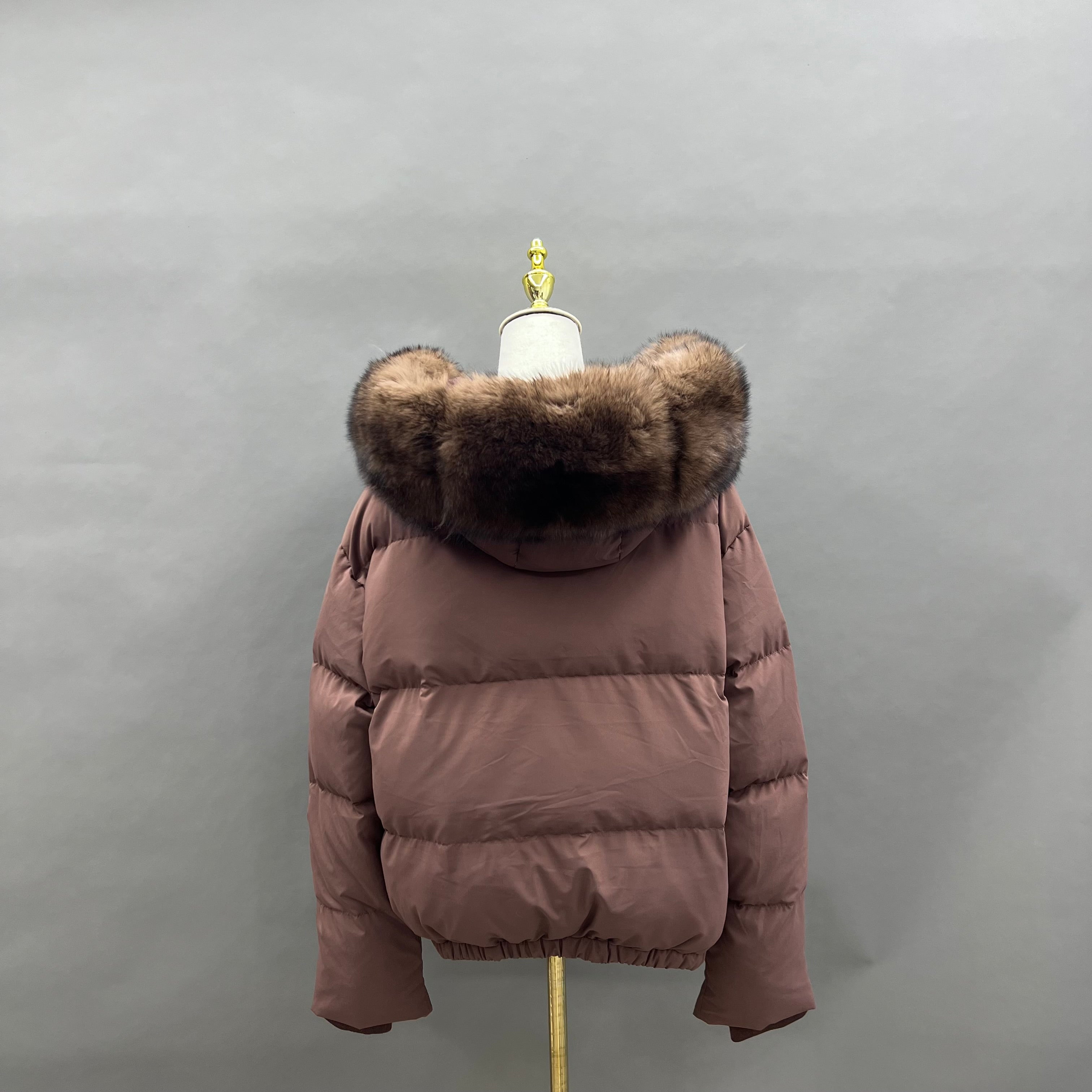 Women’s Brown Down Jacket with Real Fox Fur Hood – Short Puffer Winter Coat for Elegant Fashion