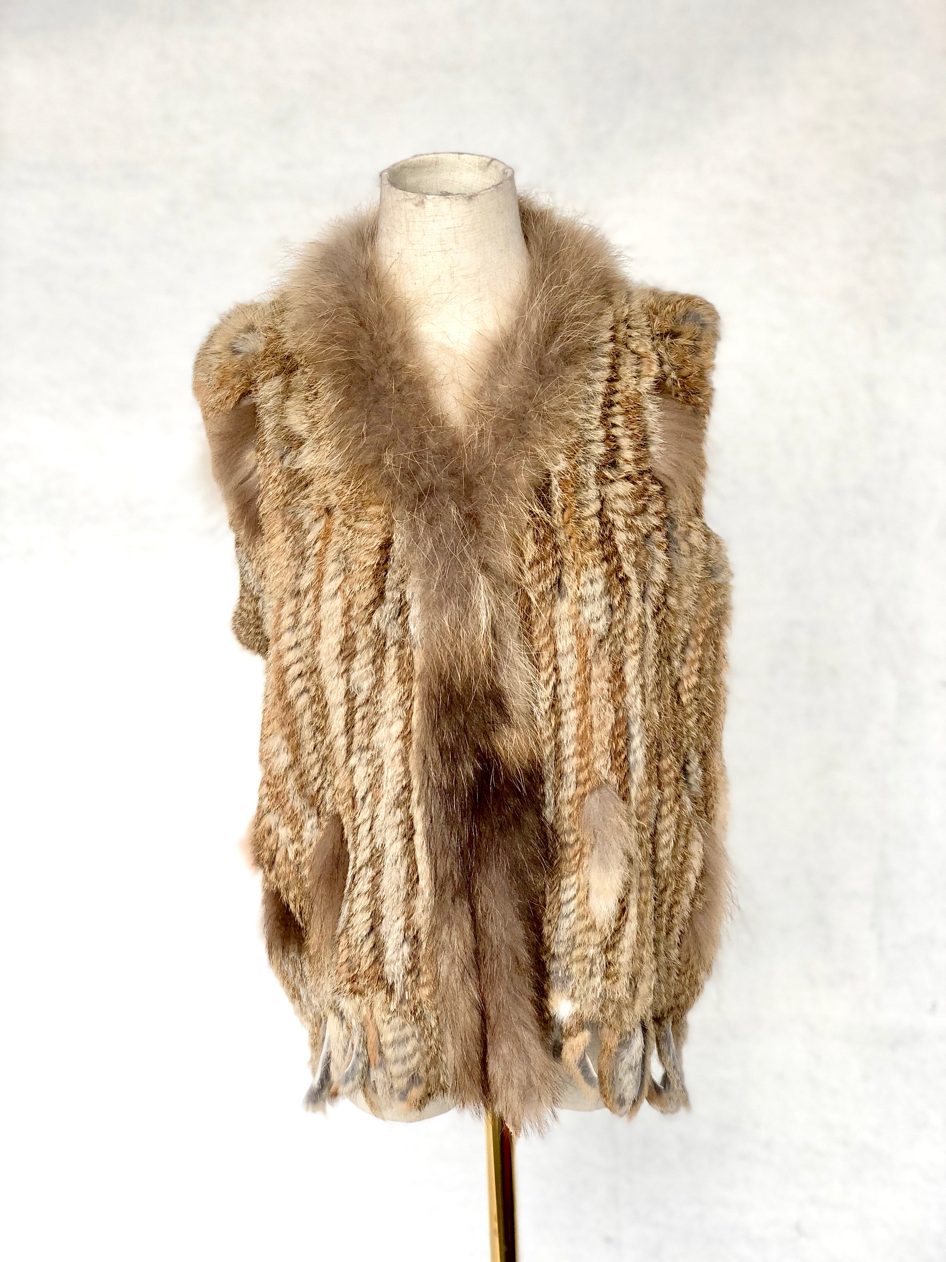 Women's Fuchsia Knitted Rabbit & Fox Fur Vest with Ragged Tramp Style & Fringe Details - Luxe Statement Outerwear