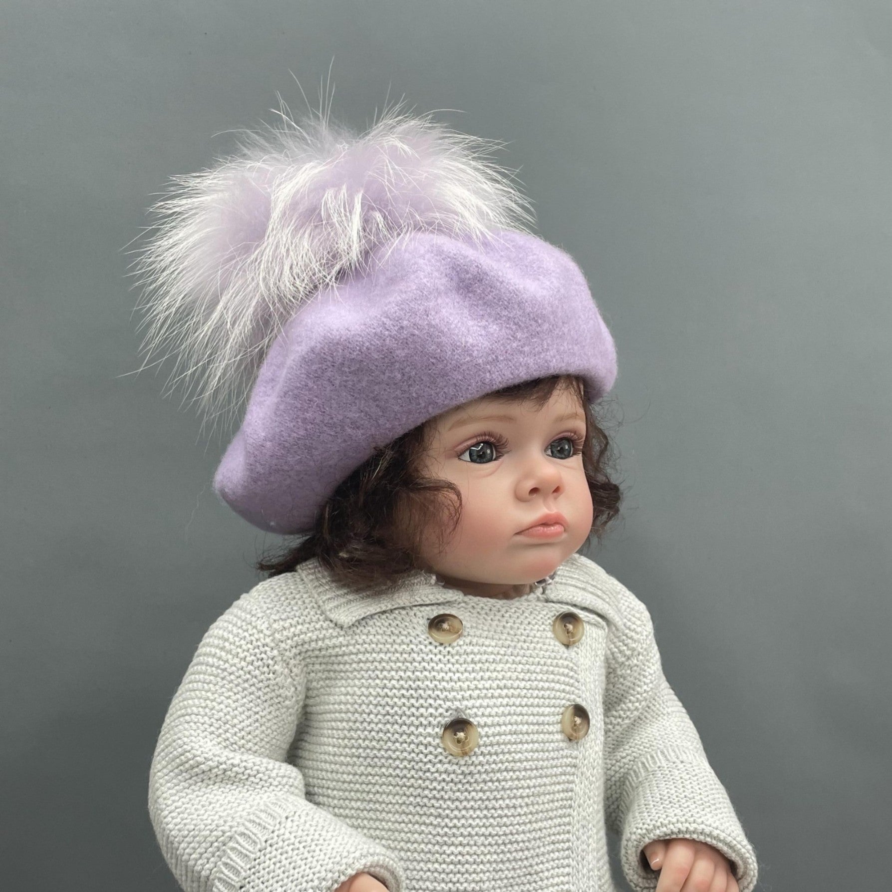 New Children's Autumn and Winter Wool Beret with Fur Pom Pom - Janefur