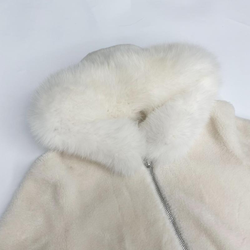Creamy White Hooded Fox Fur Collar Shearling - Janefur