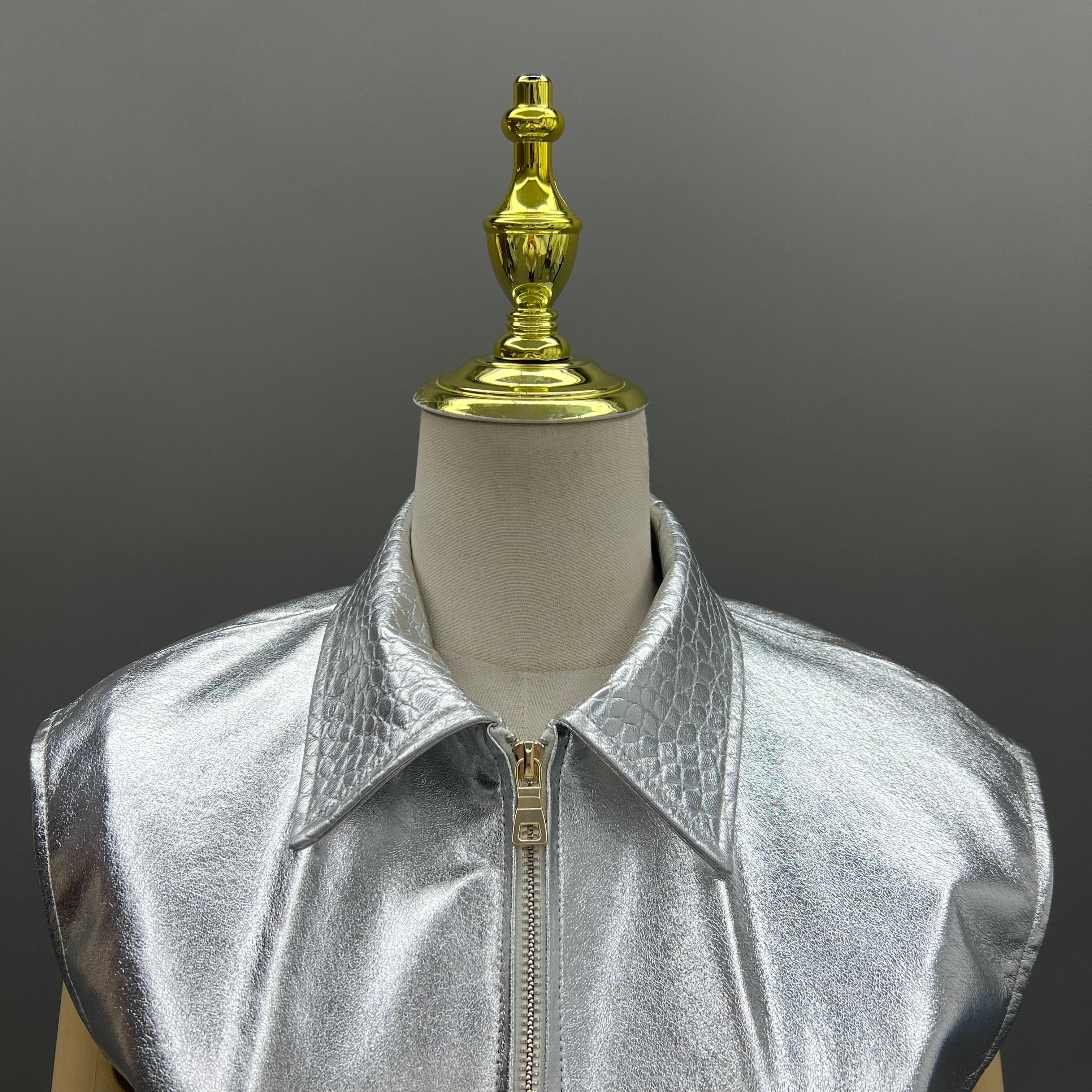 Shiny Silver Lapel Sleeveless Vest: Edgy & Chic Fashion Statement - Janefur