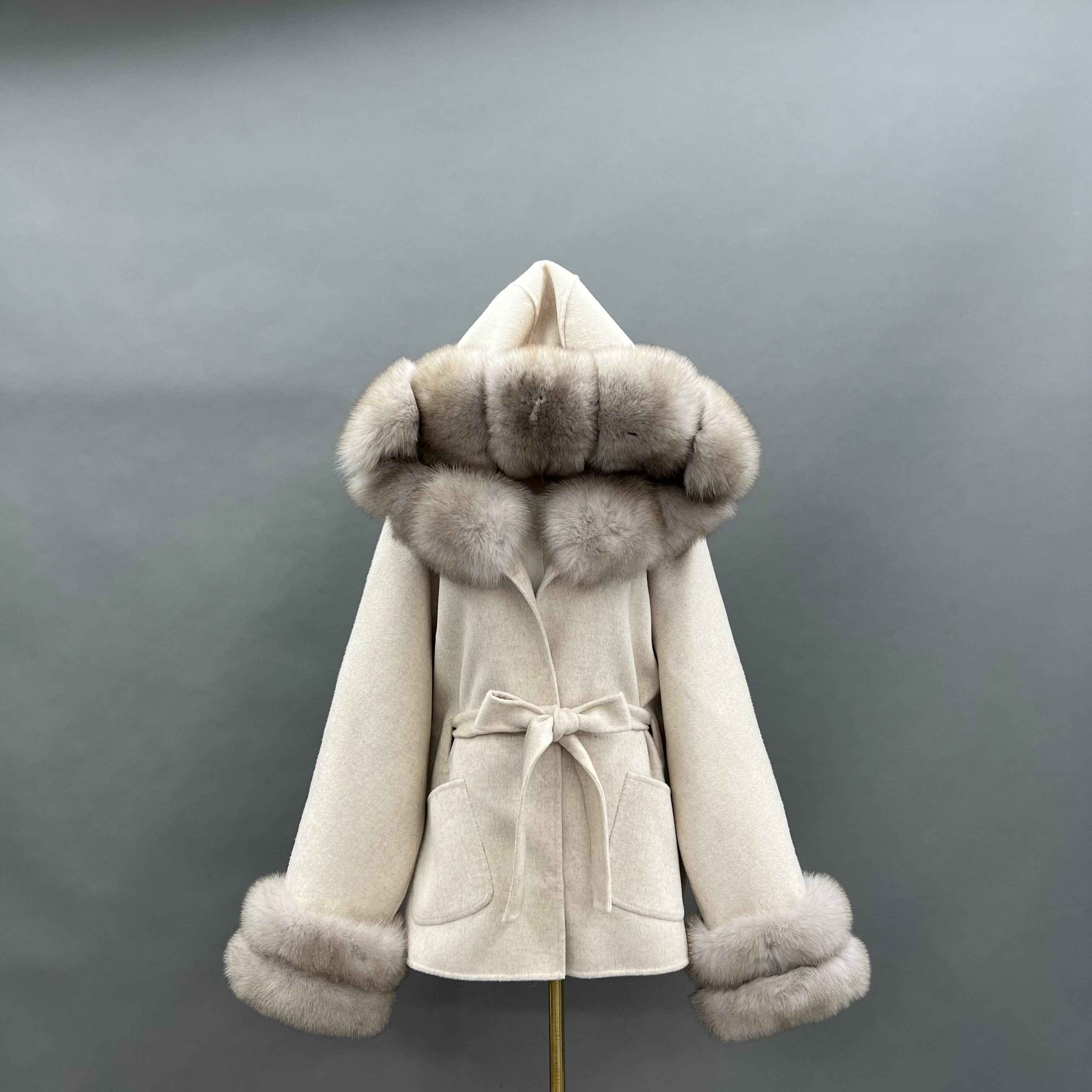 Autumn Winter Black Double - faced Wool Coat with Fox Fur Trim and Tie Waist
