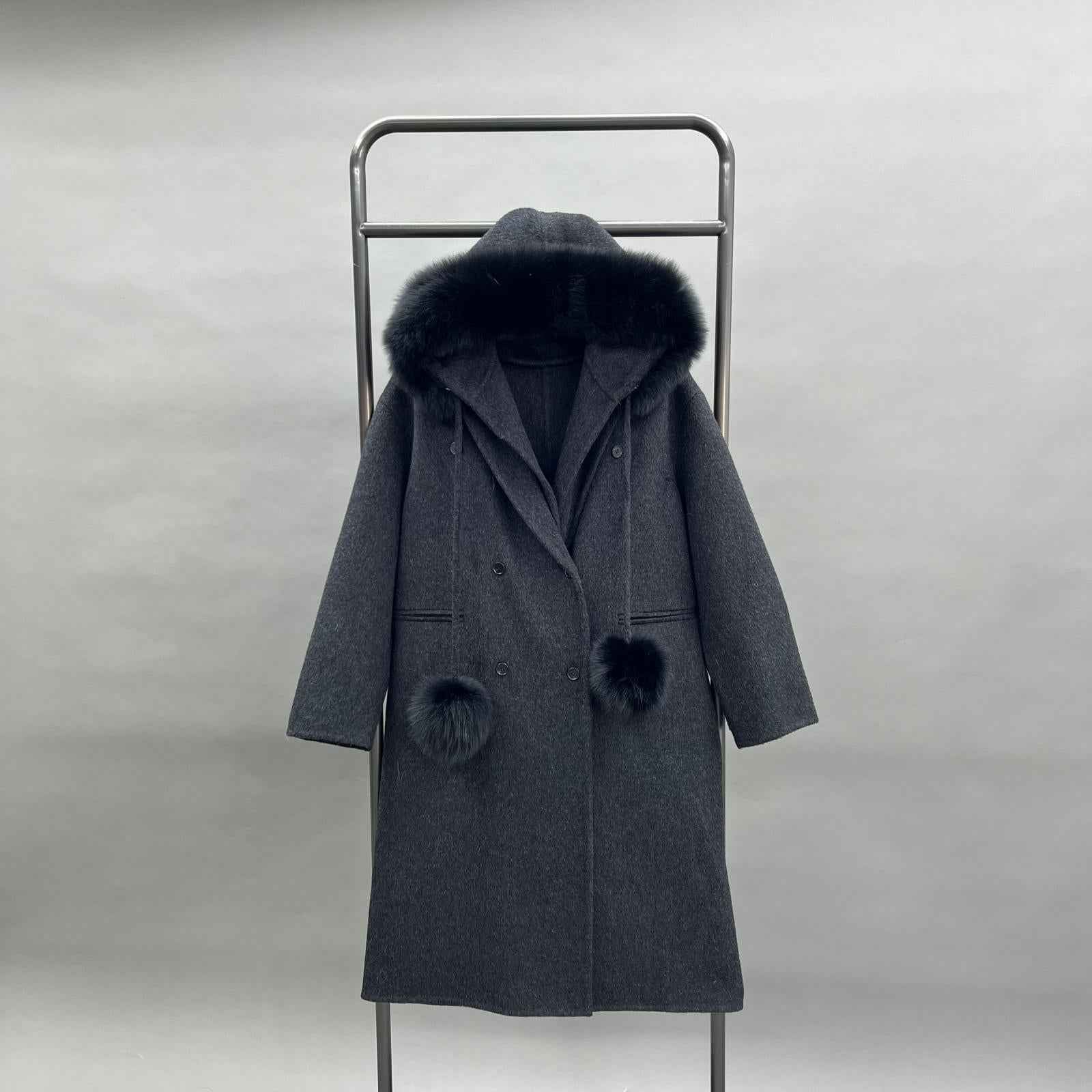 Double-Faced Wool Coat for Women Fashionable Removable Hat Long Double-Faced Wool Outer Coat - Janefur