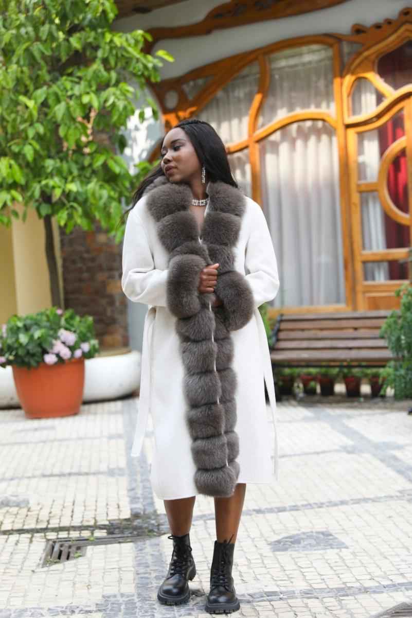Segmented Fox Fur Front Wool Coat with Fur Cuffs - Janefur