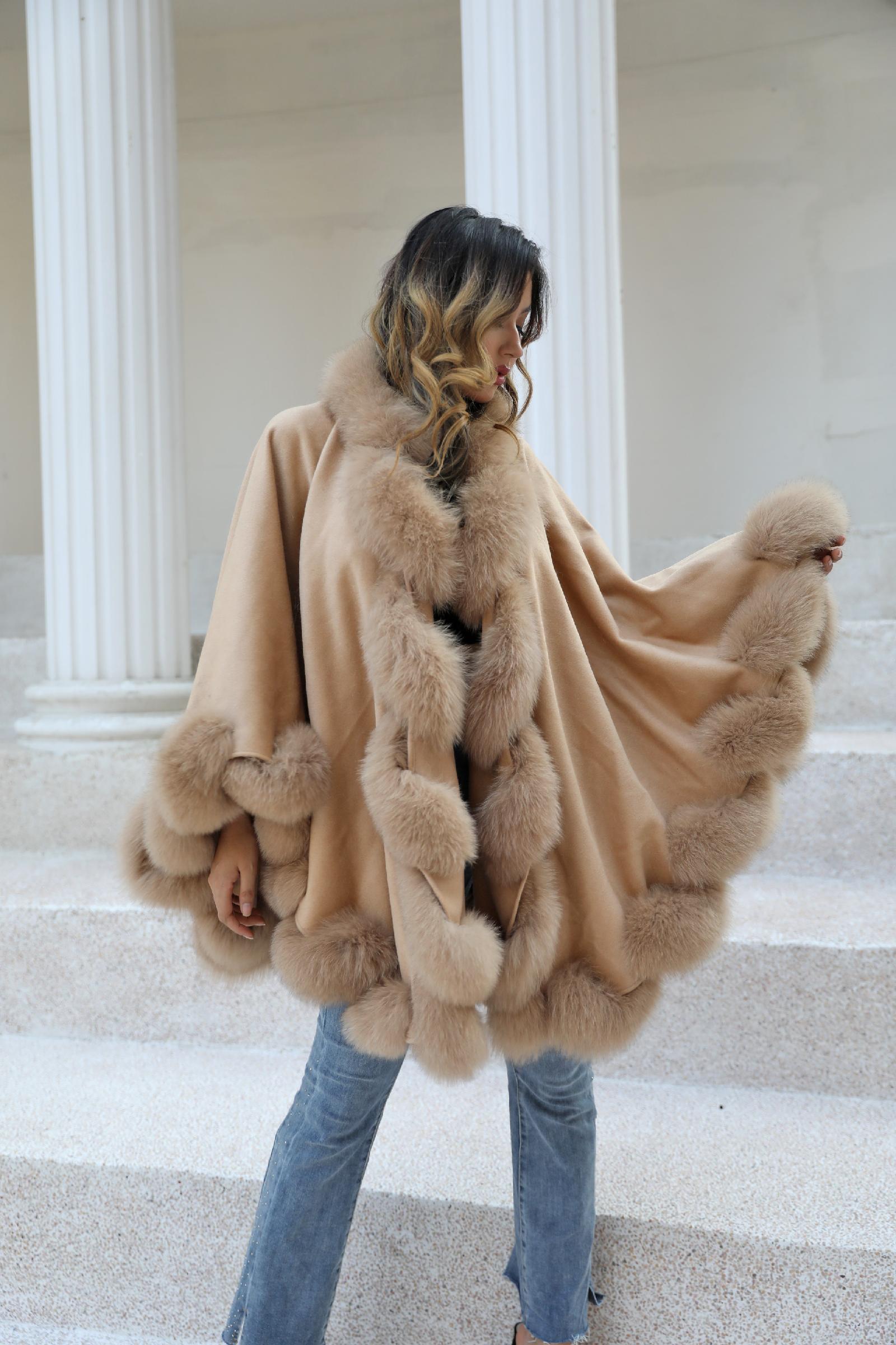 Full Wool Cashmere Cape with Real Fox Fur Fashionable Luxurious Soft Shawl for Women's Coat - Janefur