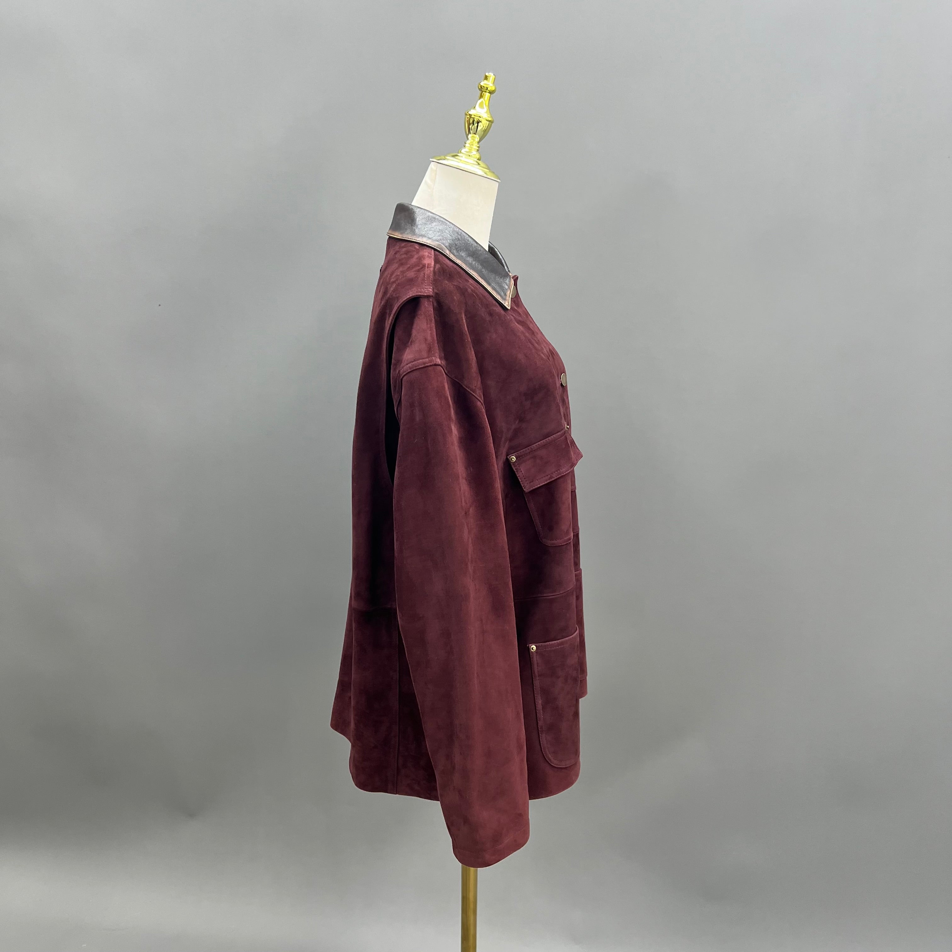 Retro collar Burgundy Suede Leather Jacket — Classic & Stylish Outerwear - Janefur