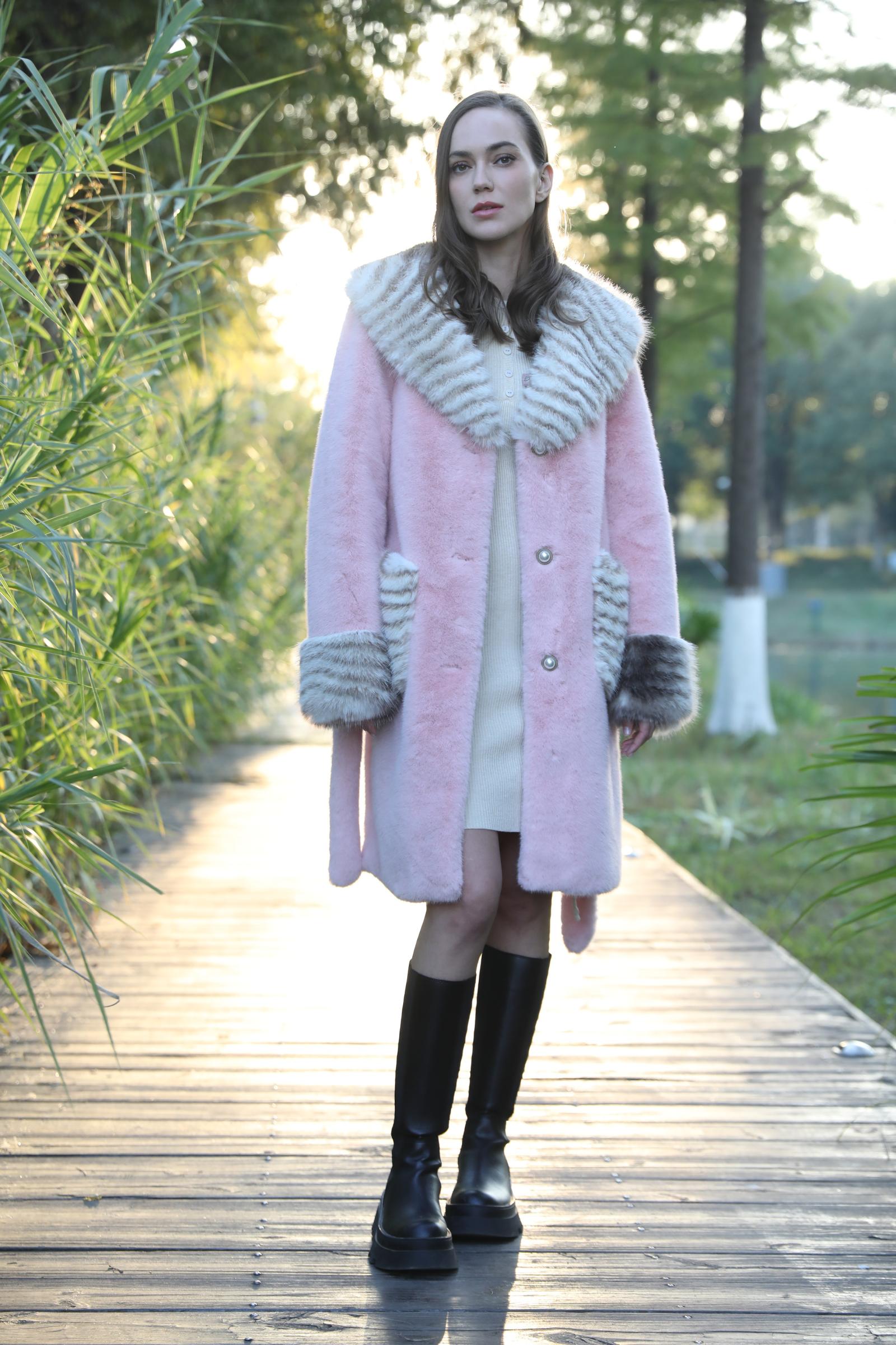 Women's Winter Large Lapel Striped Faux Mink Coat Eco-Fur Pink Coat - Janefur