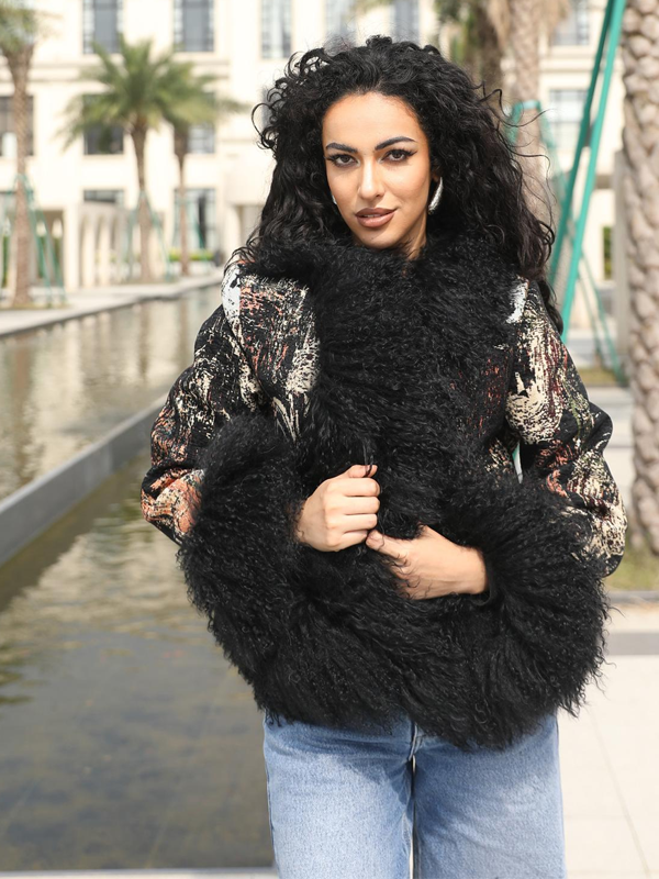 Stylish Mongolian Lamb Fur Women's Patchwork Fabric Outerwear Fur Jacket - Janefur