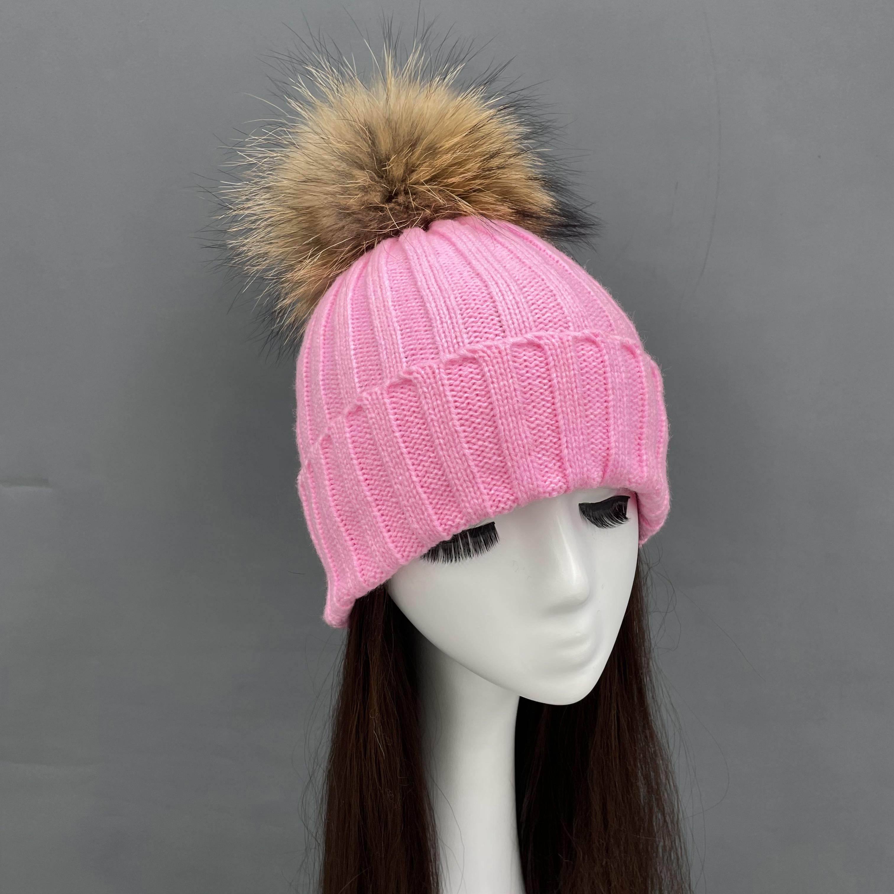 New Fall And Winter Striped With Fur Pom Pom Acrylic Hat - Janefur