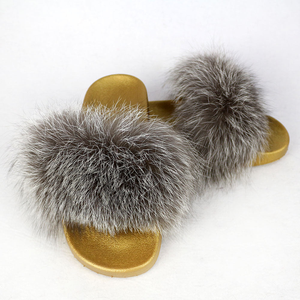 Janefur Wholesale Women's Fashion Slippers With Real Fox Fur Trim (Black, Gold, Silver Soles)
