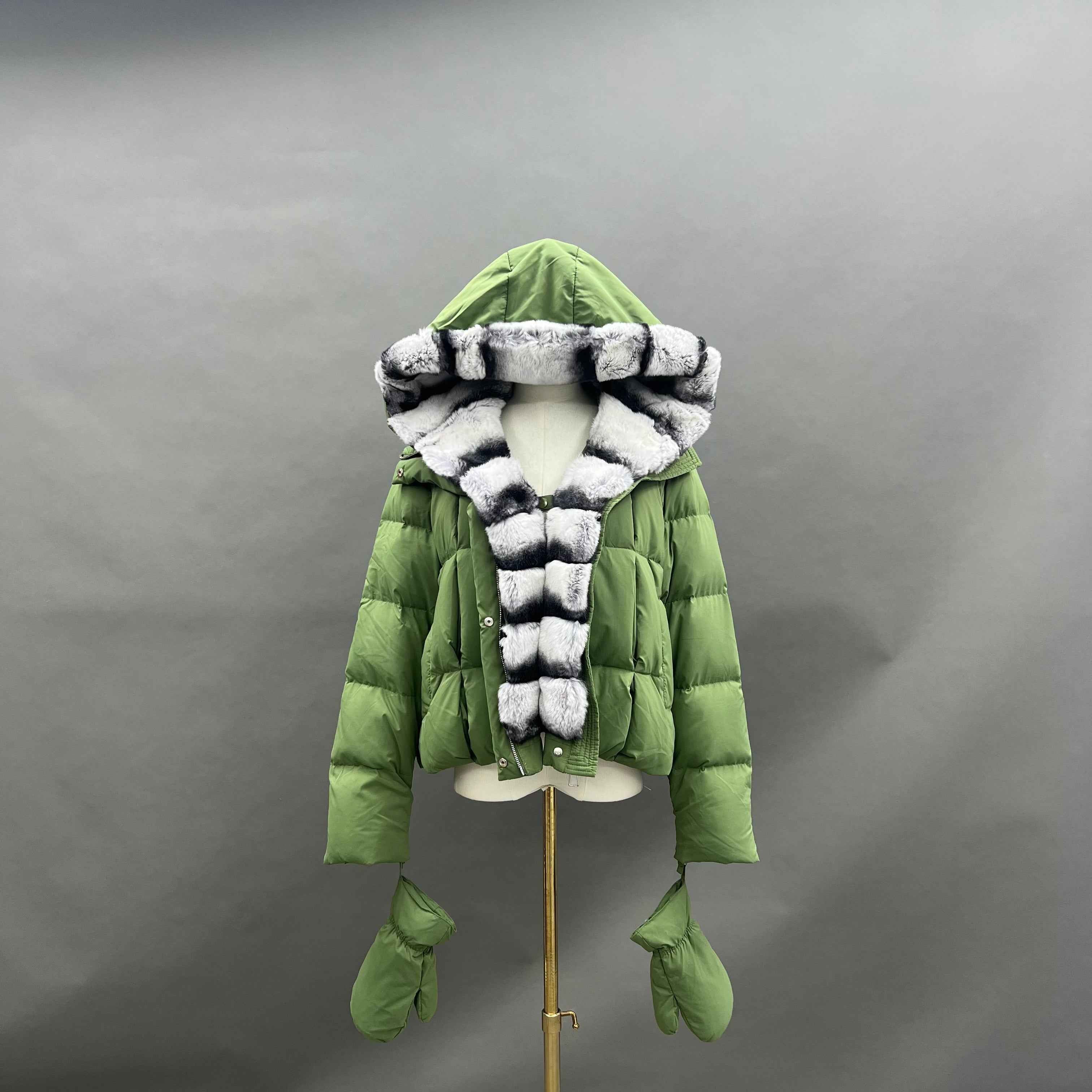 Women's Down Jacket with Removable Rabbit Fur Lined Hood & Front, Detachable Gloves Included