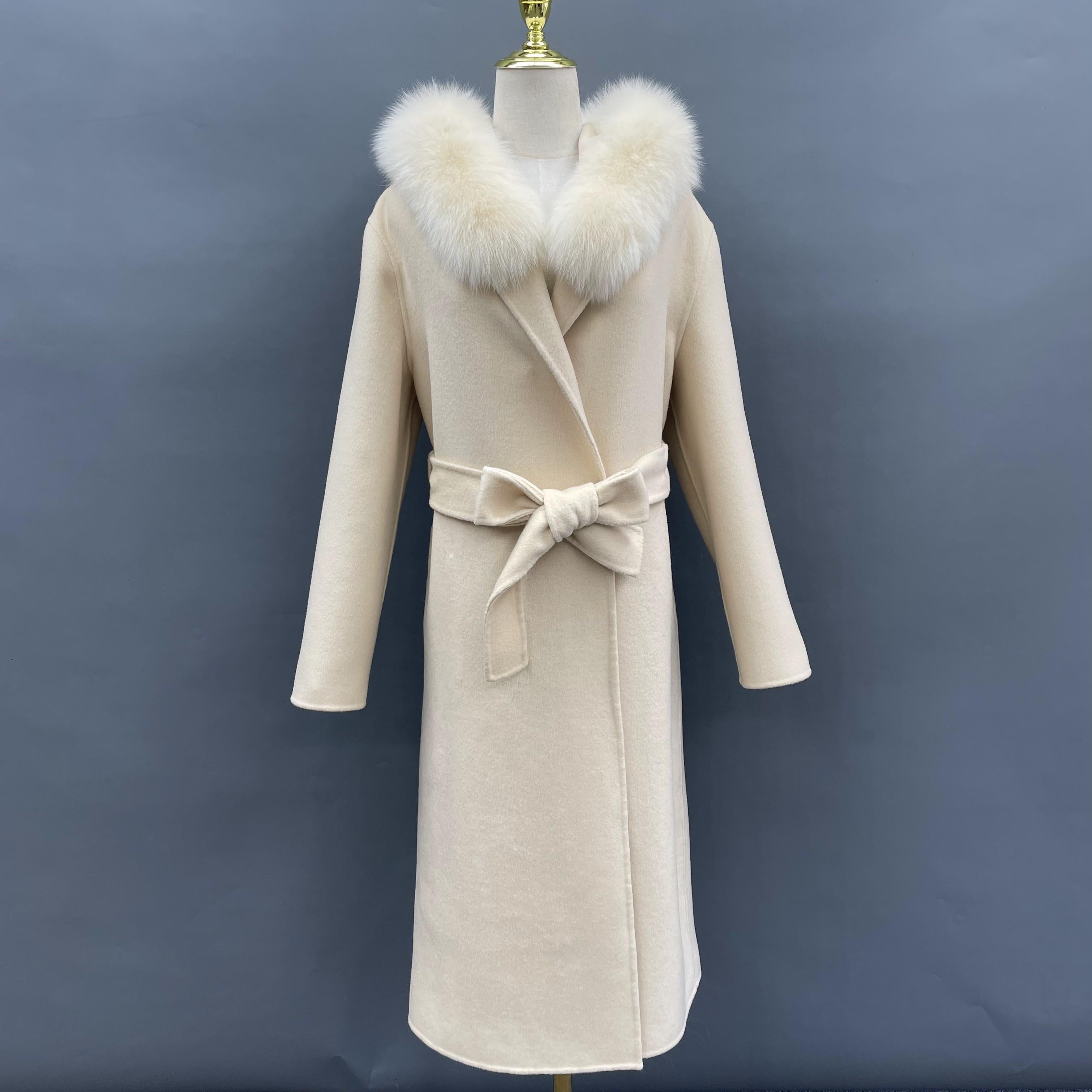 Women's French Slouchy Hooded Double Sided Cashmere Long Coat - Janefur