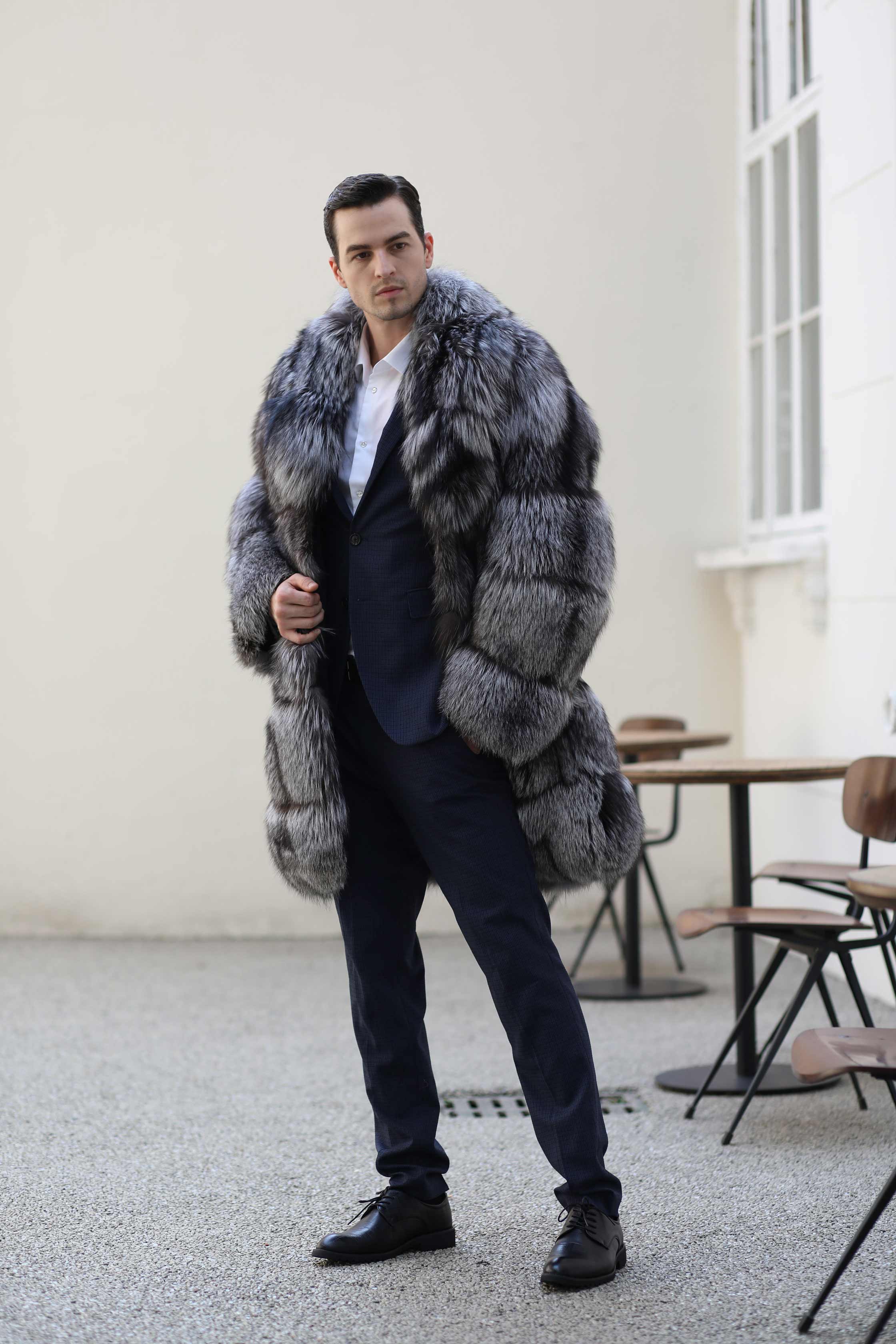 Long High-Quality Men's Winter Fur Coat Fashion Silver Fox Fur Coat - Janefur