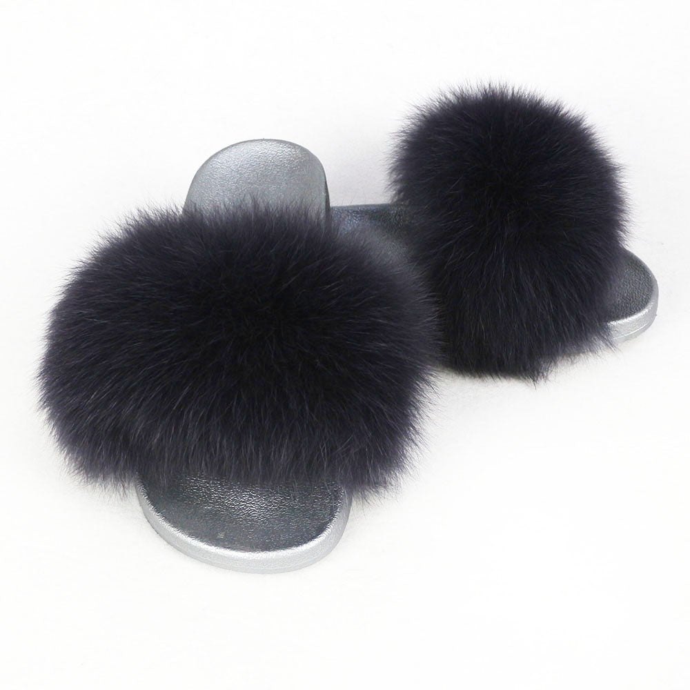 Janefur Wholesale Women's Fashion Slippers With Real Fox Fur Trim (Black, Gold, Silver Soles)