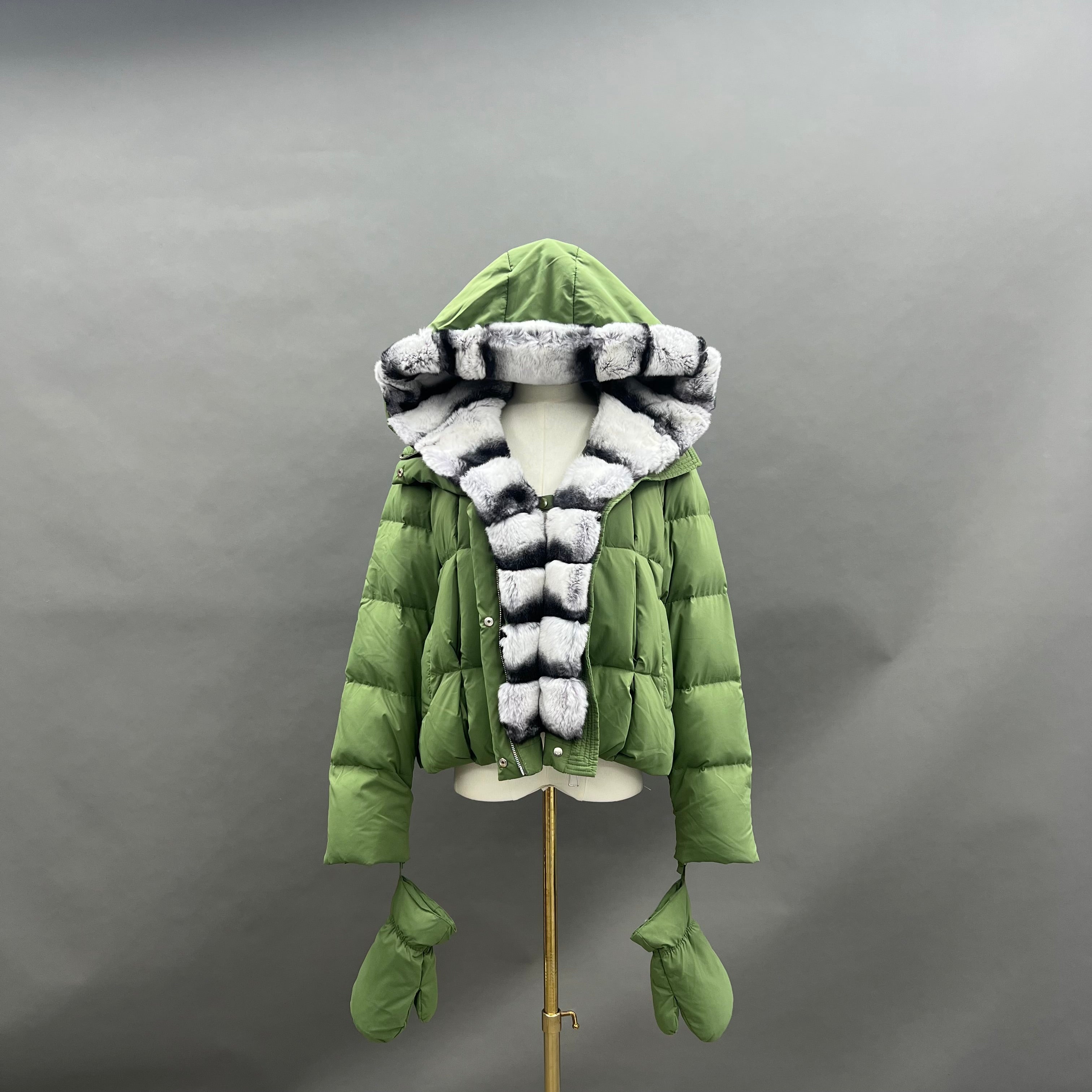 Women’s Beige Down Jacket with Real Rabbit Fur Hood – Detachable Mittens Winter Coat for Warm & Stylish Fashion 5#Dark Green