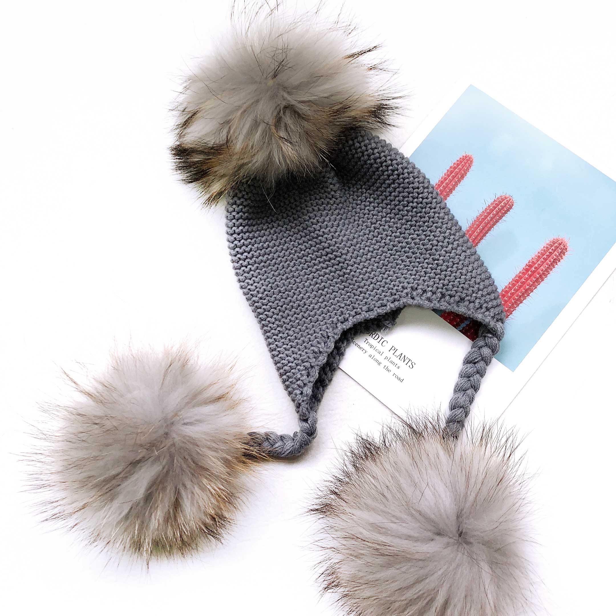 Children's Fashion Knitted Big Braid Raccoon Fur Pom Pom Hat - Janefur