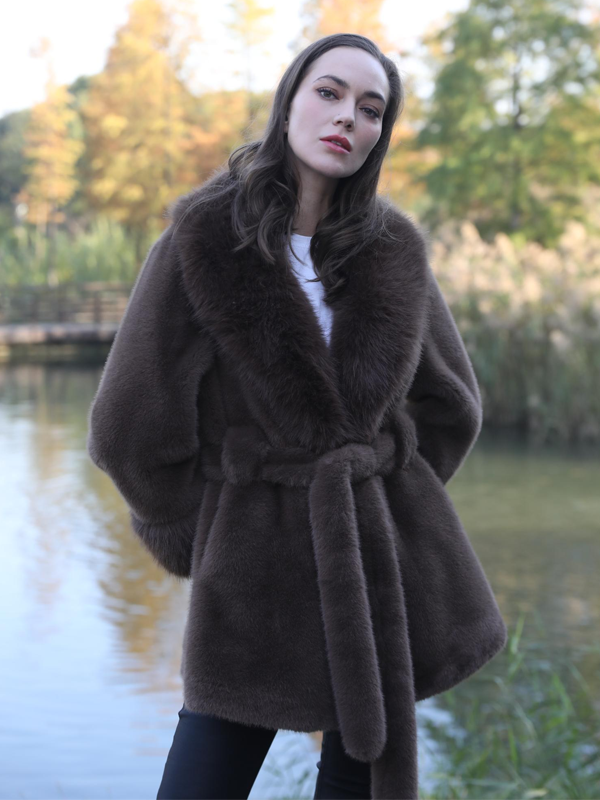 Women's New Brown Stylish Lapel Faux Fur Mink Coat - Janefur