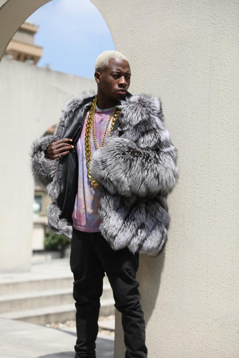 Silver fox diagonal stripe coat with a hood - Janefur