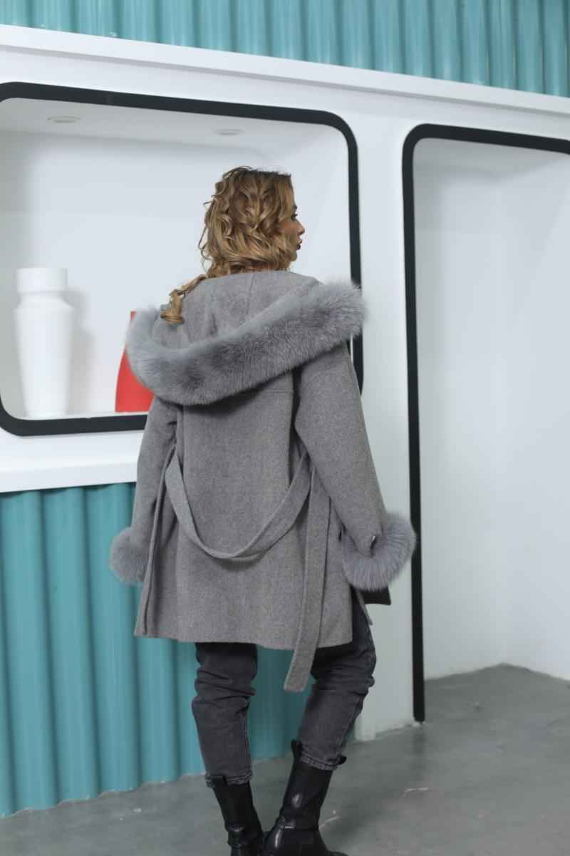 Short Length Hooded Double-faced Wool Coat with Large Pockets - Janefur