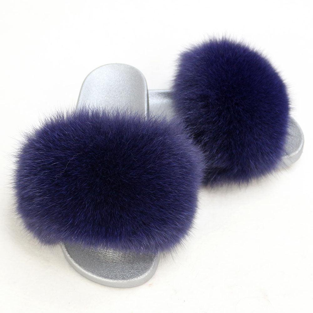 Janefur Wholesale Women's Fashion Slippers With Real Fox Fur Trim (Black, Gold, Silver Soles)