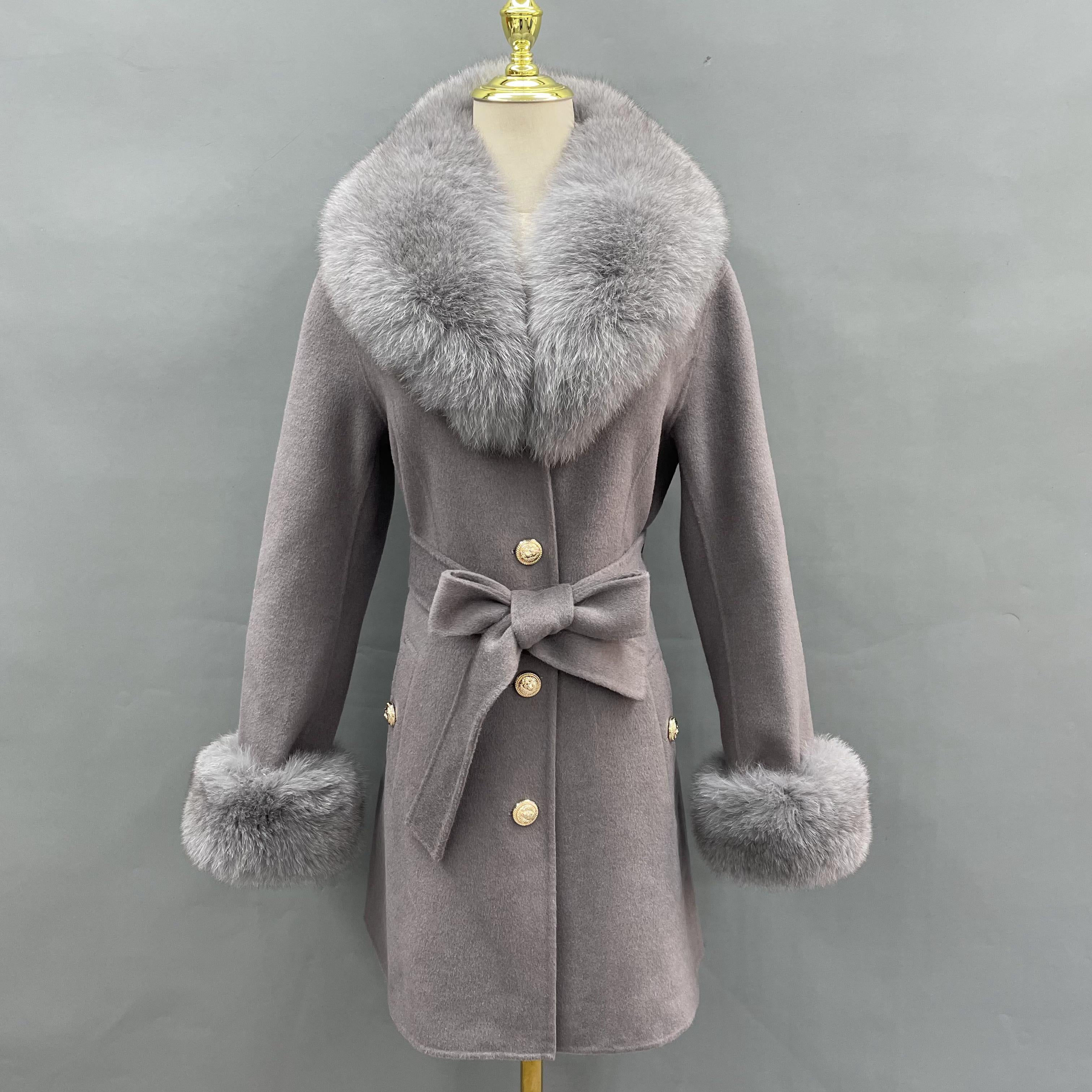 Women's Red Wool Belted Coat with Fox Fur Collar and Cuffs Trim, Elegant Long Winter Jacket for Casual Outfits 10#Light Grey