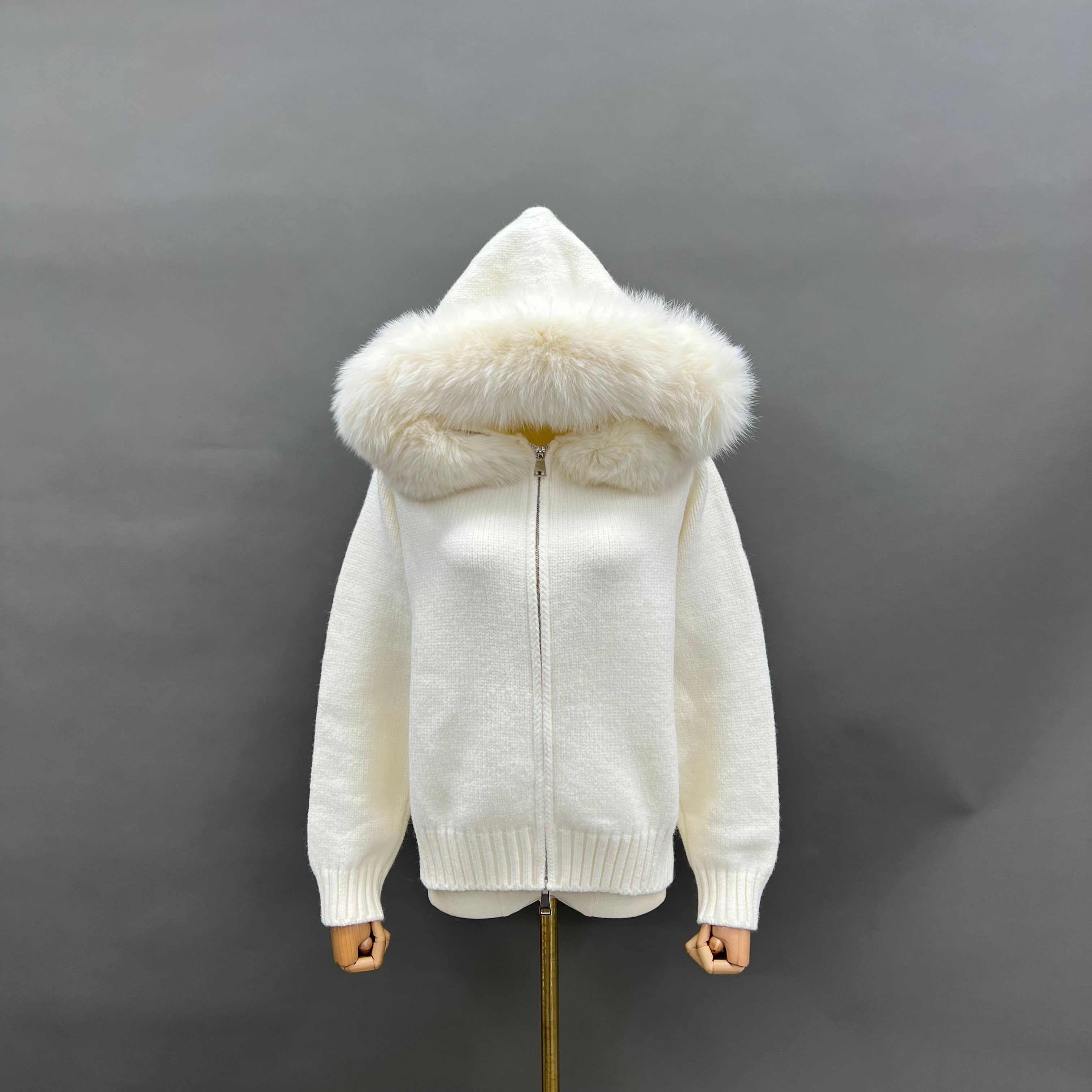 Women’s Beige Sheep Wool Knit Hooded Jacket with Real Fox Fur Trim – Full-Zip Winter Coat for Cold Weather Fashion 4#White F-chest 104