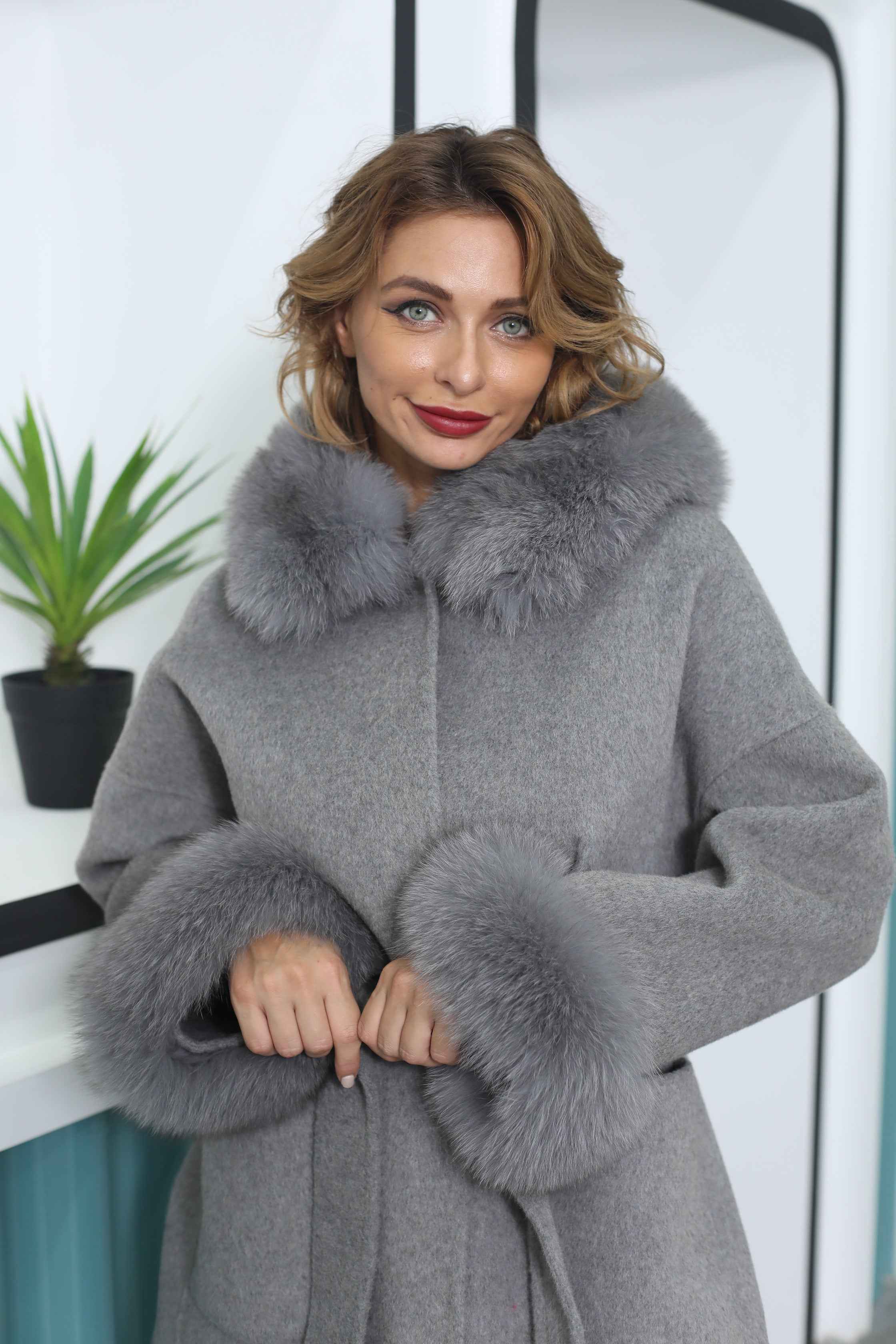 Women's Luxury Double - Faced Cashmere Coat with Fox Fur Collar, Cuffs and Hood, Belted Long Winter Outerwear