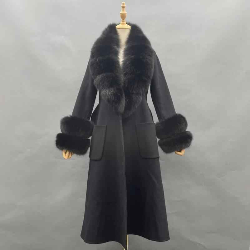 Skirt Hem Mandarin Collar with Sleeves and Two-section Fur Double-faced Wool - Janefur