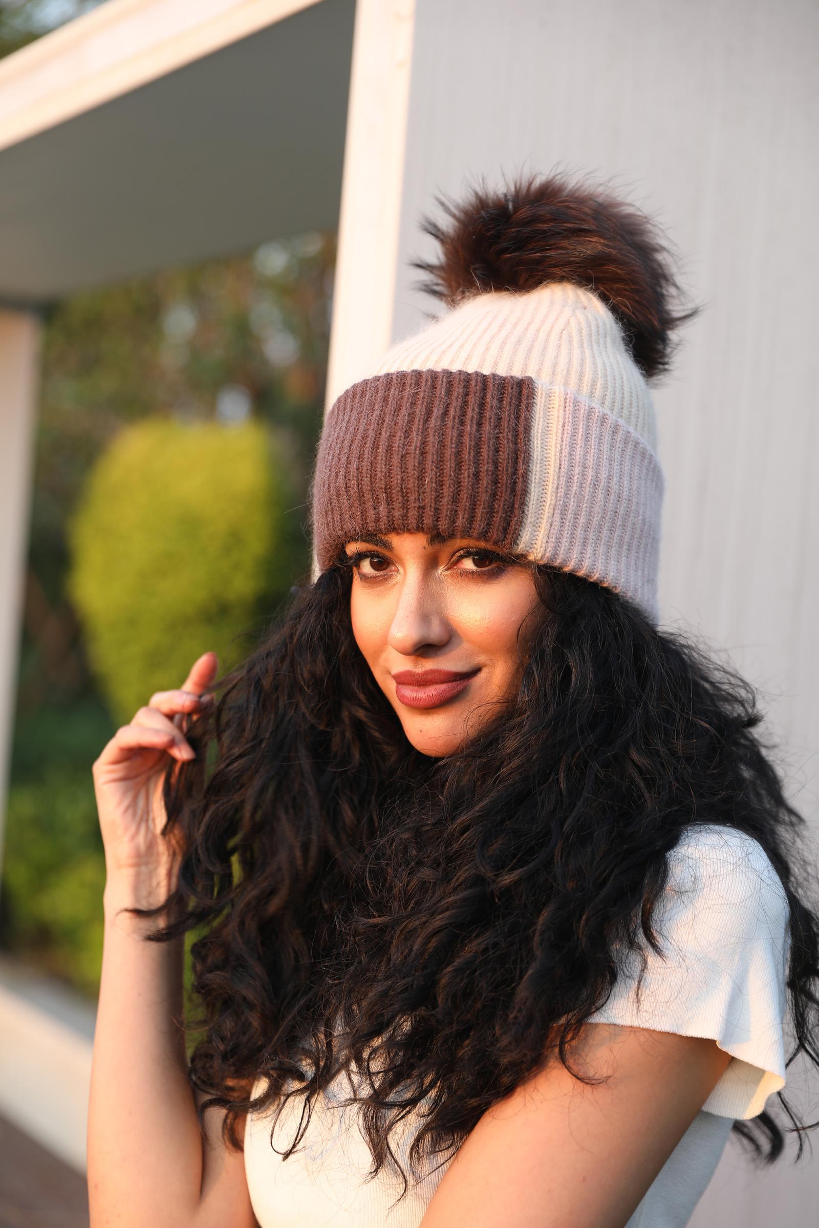Women's Color-Blocked Trendy Rabbit Fur Hat with Pom Poms for Warmth - Janefur