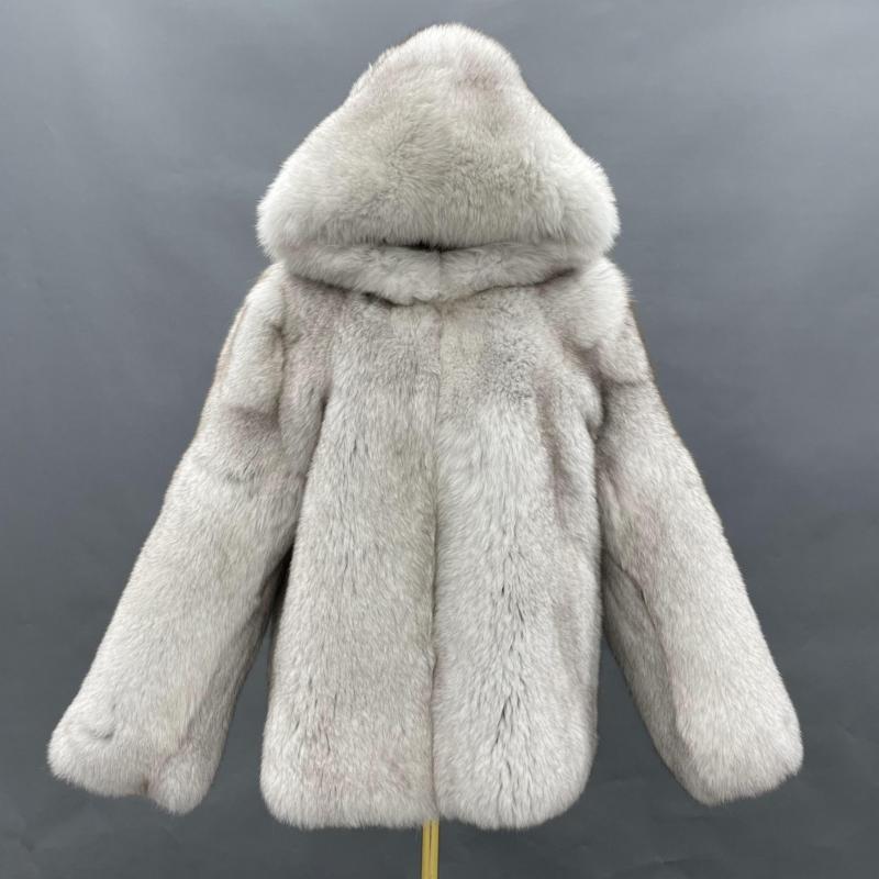 Fashionable Warm Winter Real Fox Fur Thick Jacket Solid Colour Hoodie - Janefur
